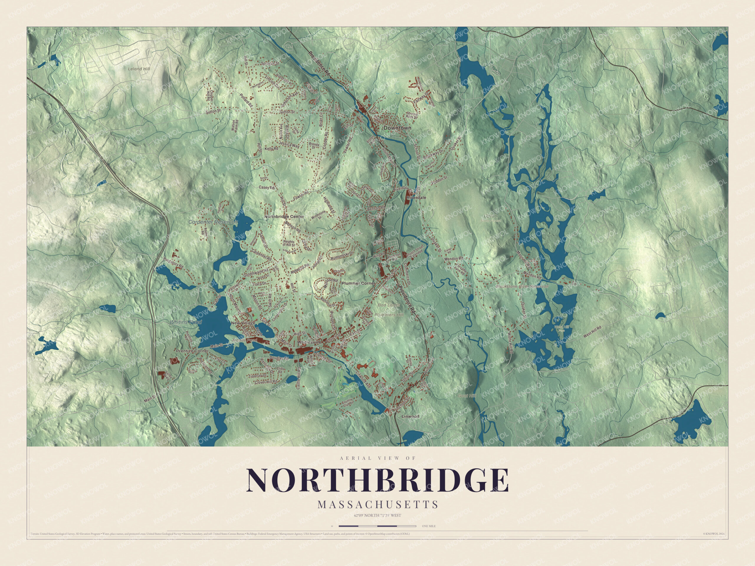 Map of Northbridge, Massachusetts, with Providence Road, Whitins Pond and the Blackstone River valley