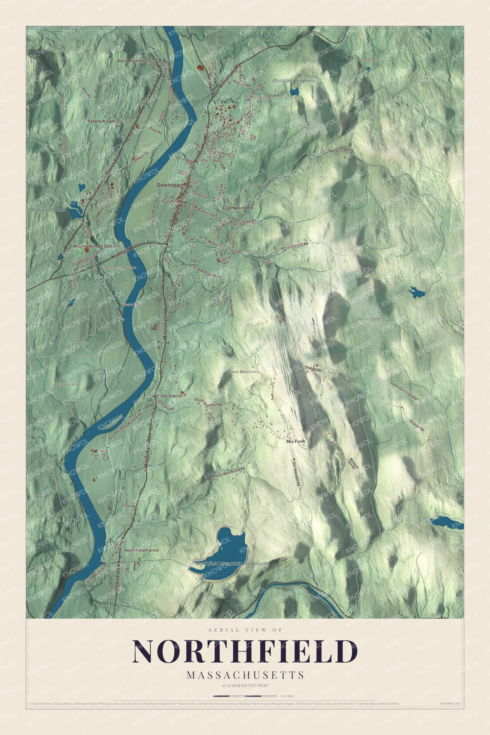 Map of Northfield, Massachusetts, with Main Street, the Connecticut River and Northfield Mountain Reservoir