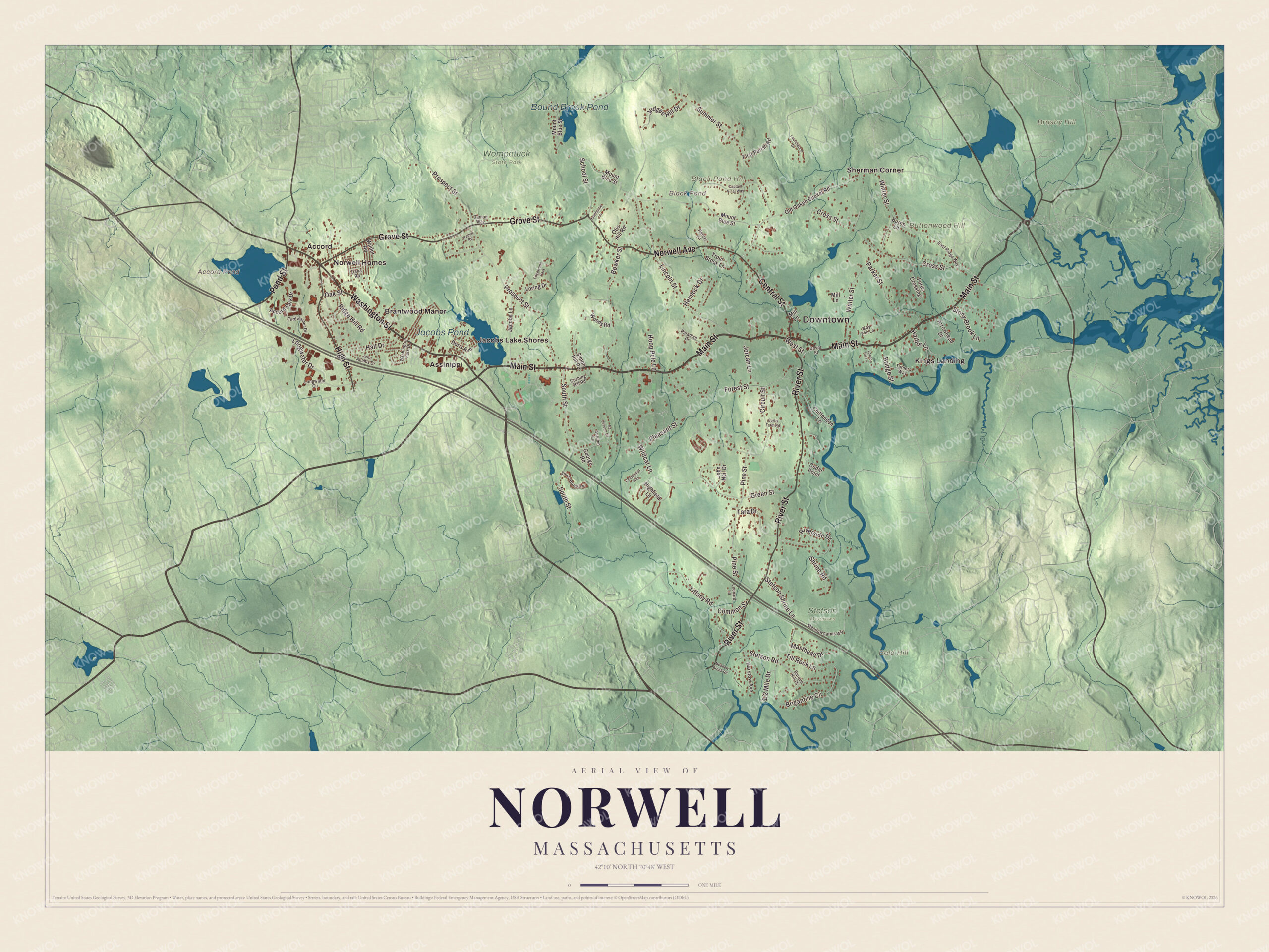 Map of Norwell, Massachusetts, with Main Street, Jacobs Pond and the North River