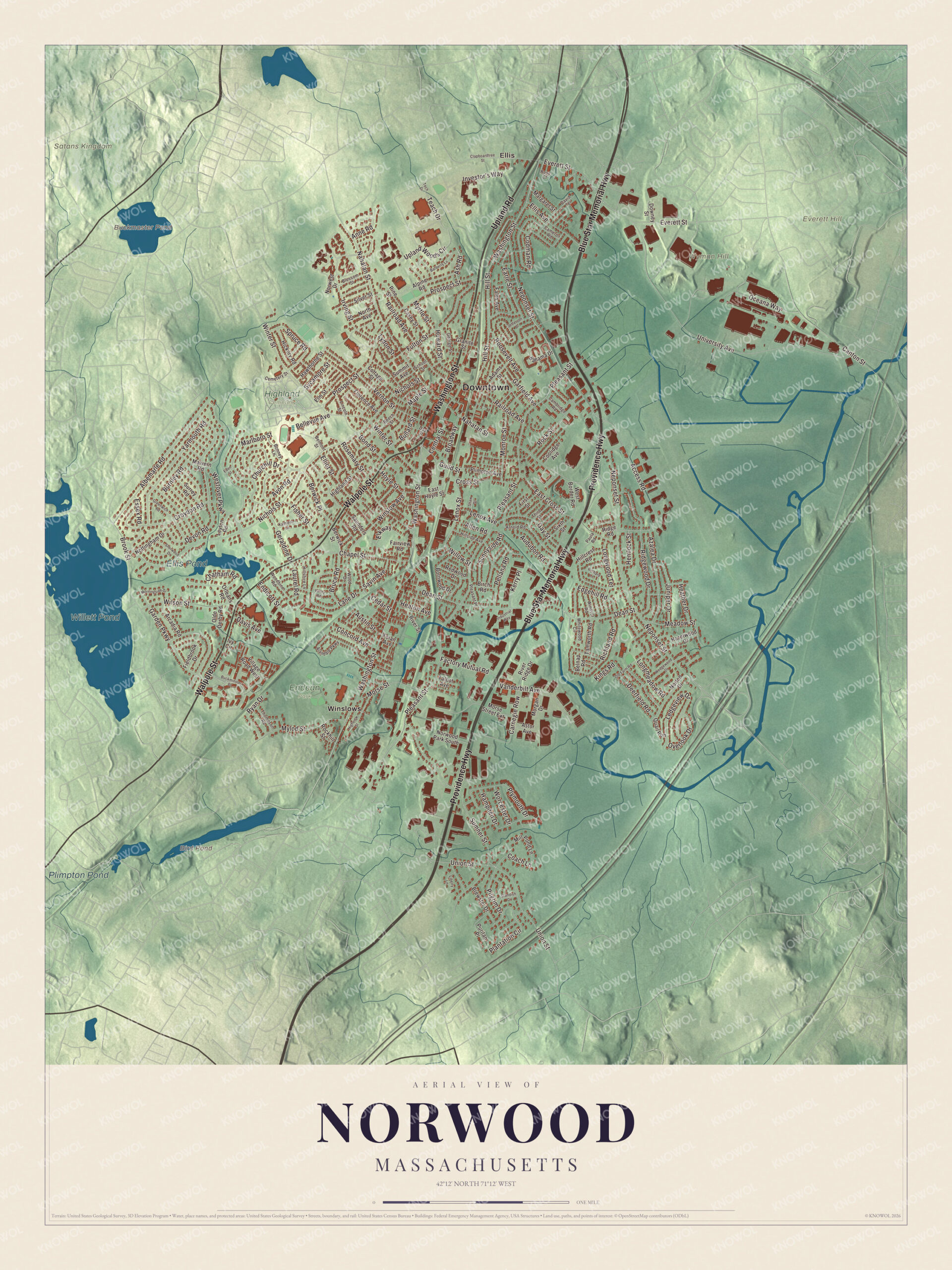 Map of Norwood, Massachusetts, with Washington Street, Willett Pond and Ellis Pond