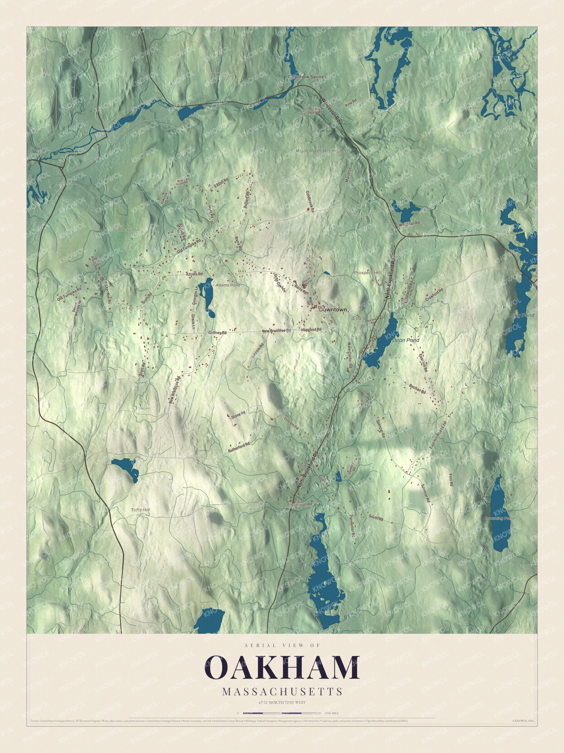 Map of Oakham, Massachusetts, with Coldbrook Road, Browning Pond and Long Pond