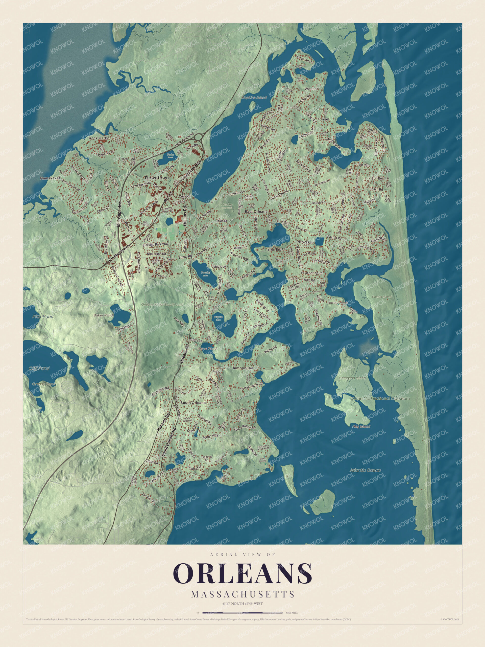 Map of Orleans, Massachusetts, with Rock Harbor, Town Cove and the Mid-Cape Highway