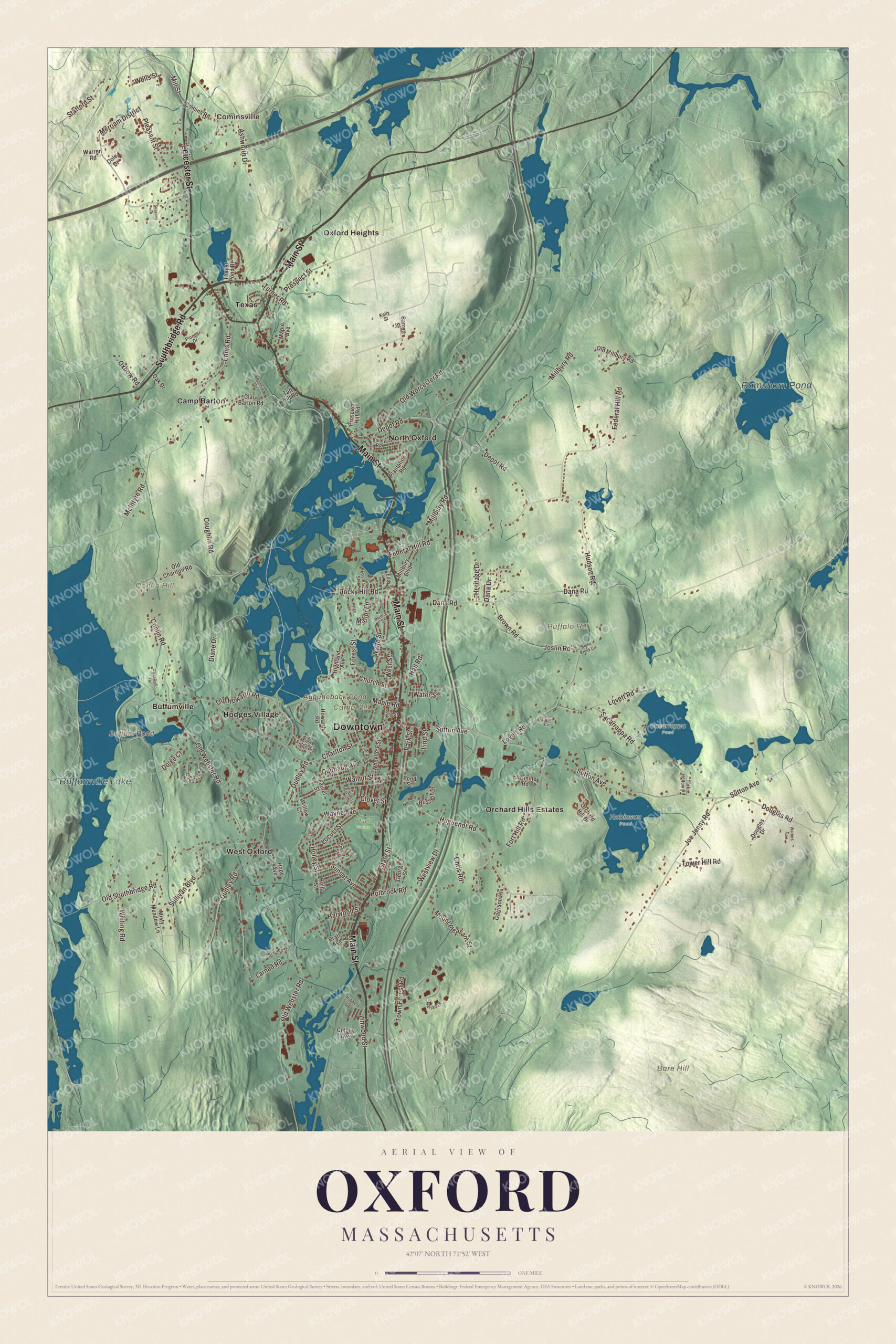 Map of Oxford, Massachusetts, with Main Street, Hodges Village and Buffumville Lake