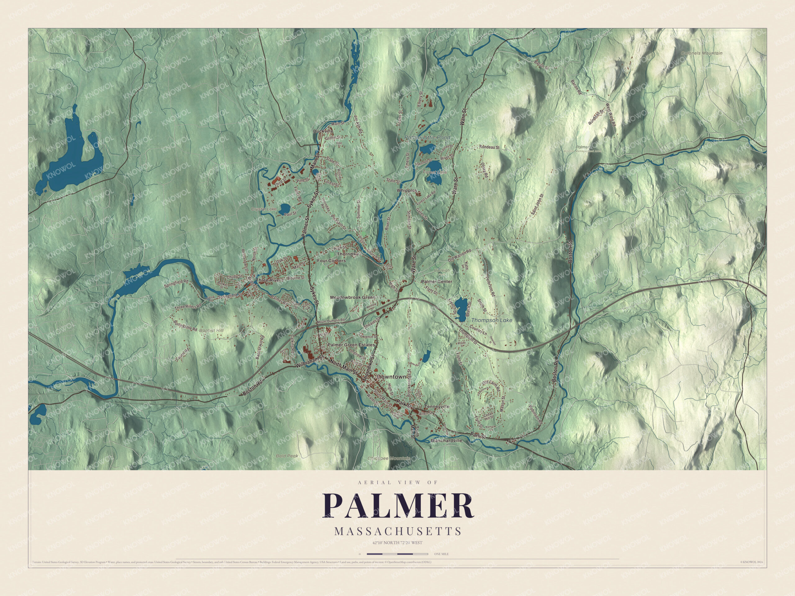 Map of Palmer, Massachusetts, with Thorndike Street, Crystal Lake and Chicopee Mountain