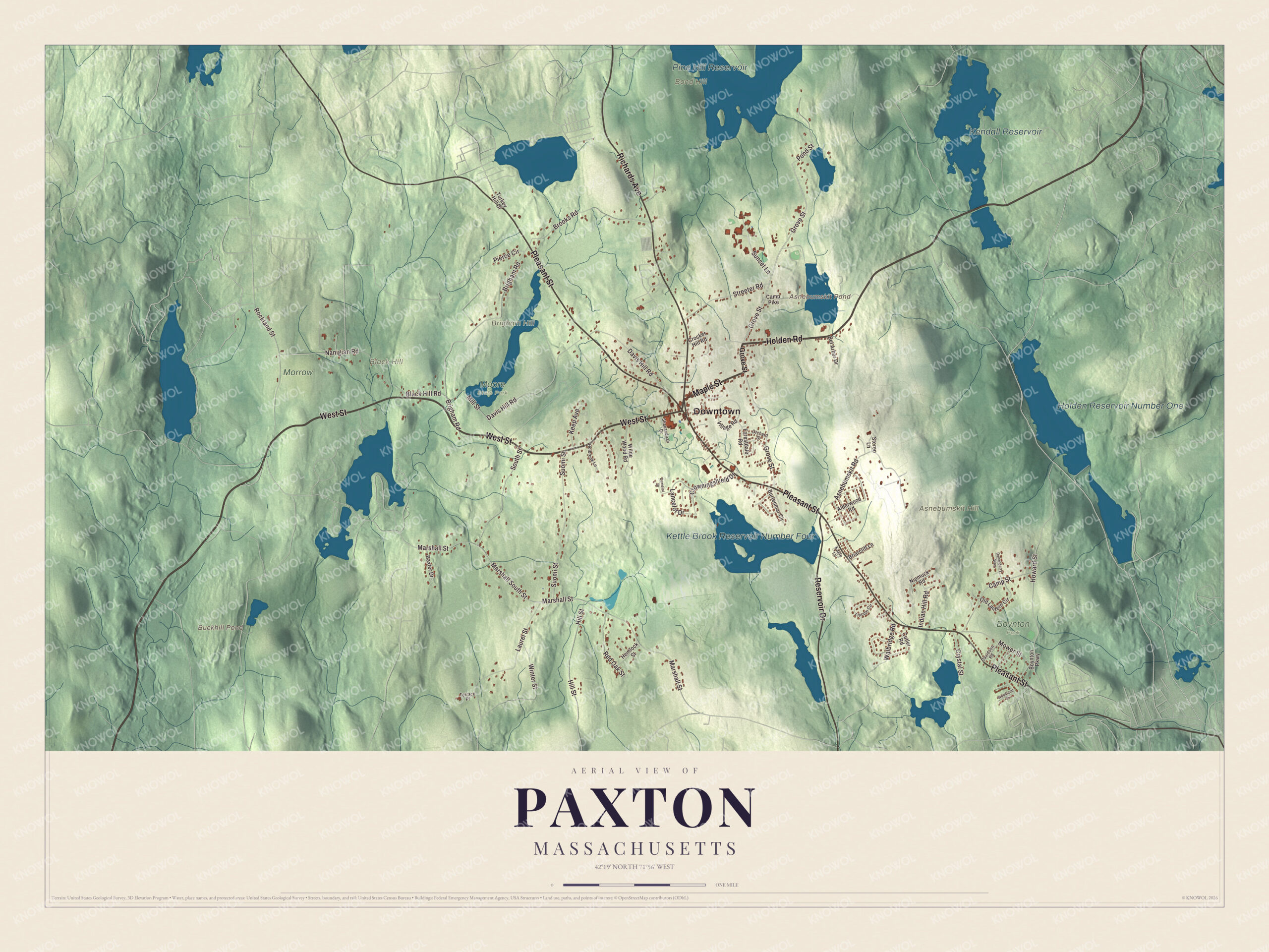 Map of Paxton, Massachusetts, with Asnebumskit Hill, Kendall Reservoir and Holden Road
