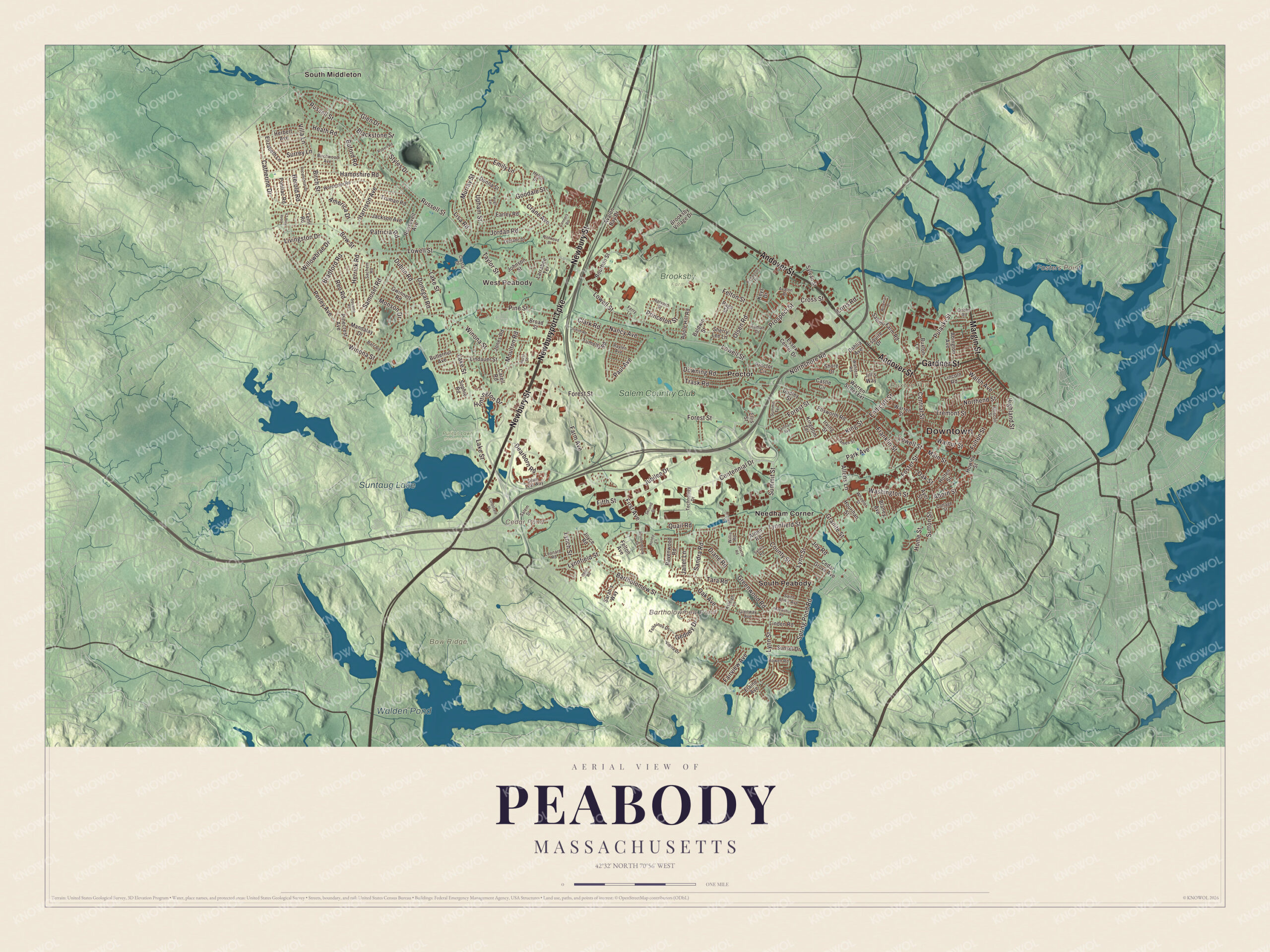 Map of Peabody, Massachusetts, with Main Street, Andover Street and Suntaug Lake