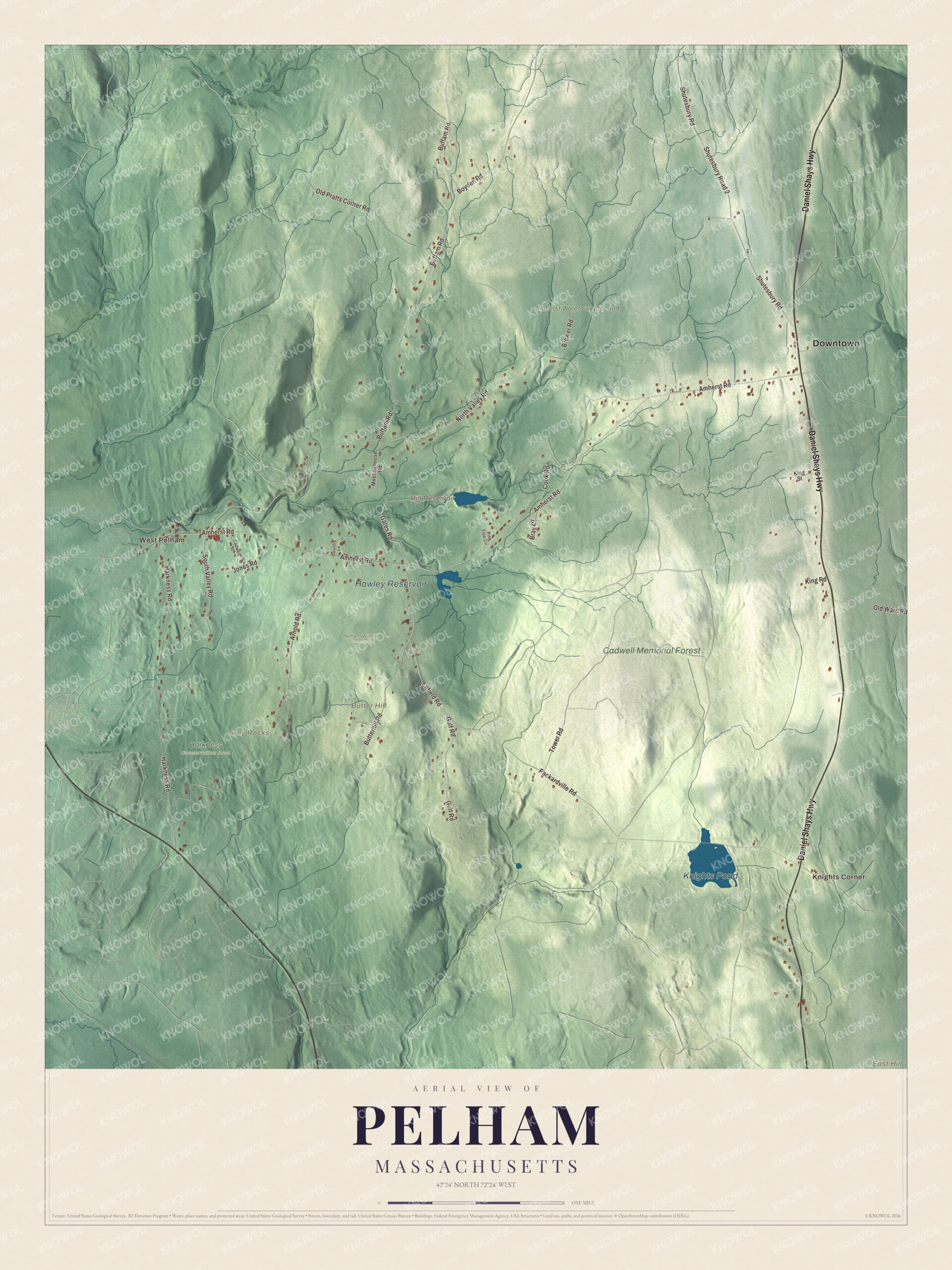 Map of Pelham, Massachusetts, with the Daniel Shays Highway, Knights Pond and Hill Reservoir