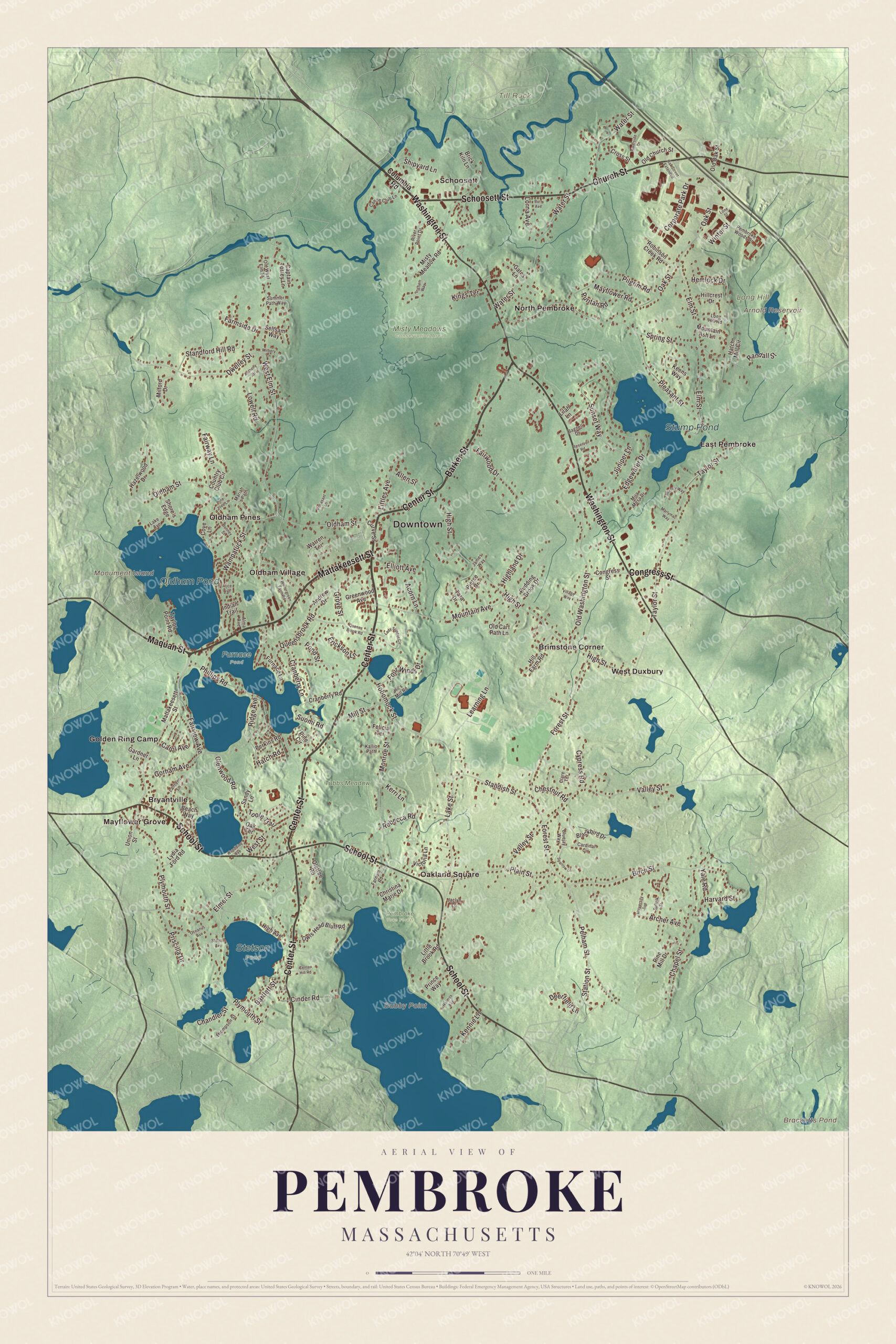 Map of Pembroke, Massachusetts, with Oldham Pond, Monument Island and Barker Street