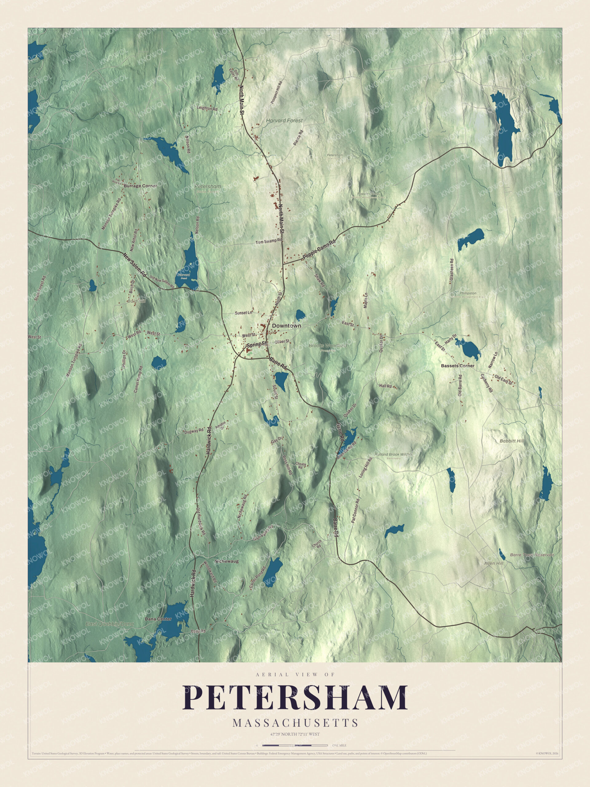 Map of Petersham, Massachusetts, with Harvard Forest, North Main Street and Dana Center