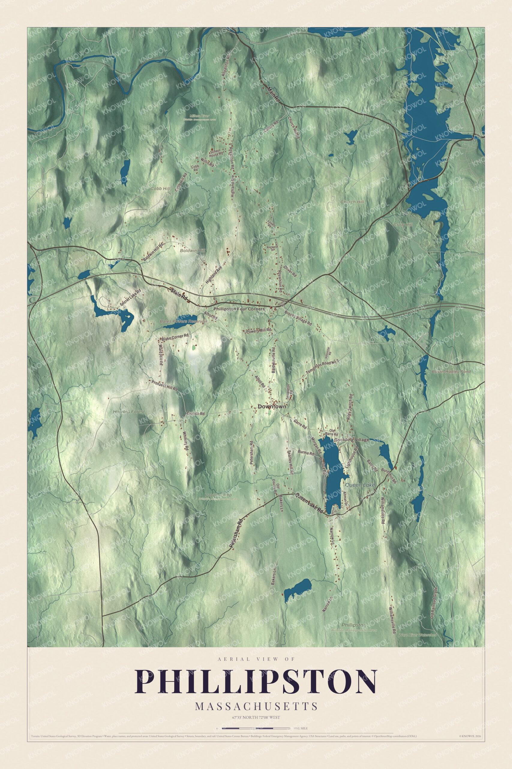 Map of Phillipston, Massachusetts, with Queen Lake, Petersham Road and Goulding Village
