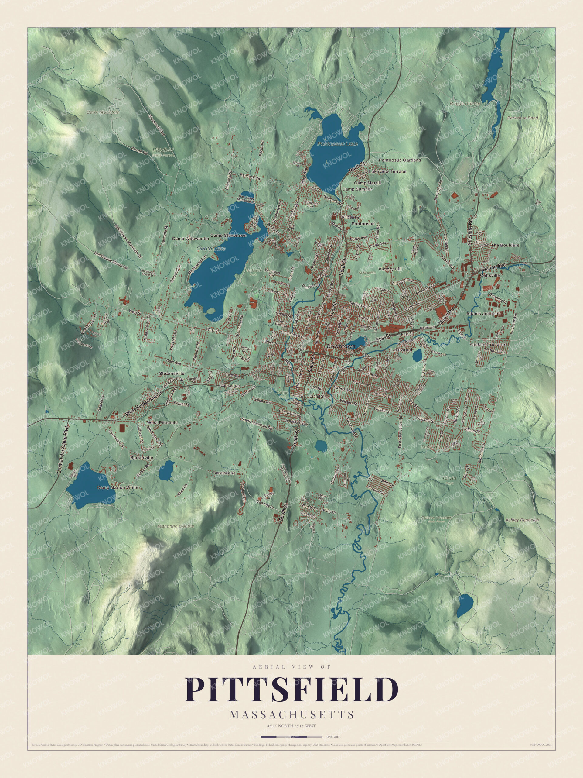 Map of Pittsfield, Massachusetts, with Onota Lake, Pontoosuc Lake and North Street