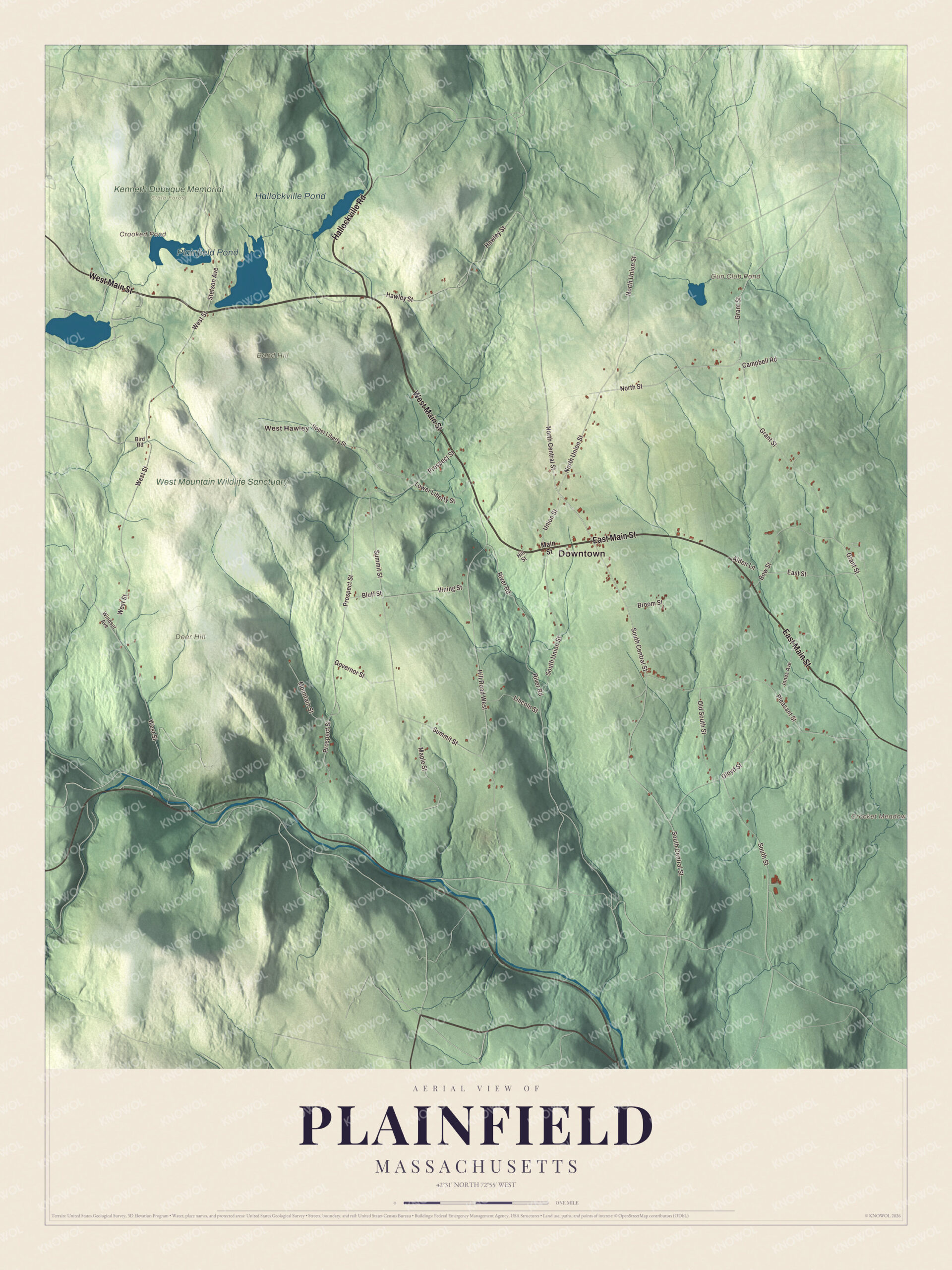 Map of Plainfield, Massachusetts, with Hallockville Pond, West Main Street and Plainfield Pond