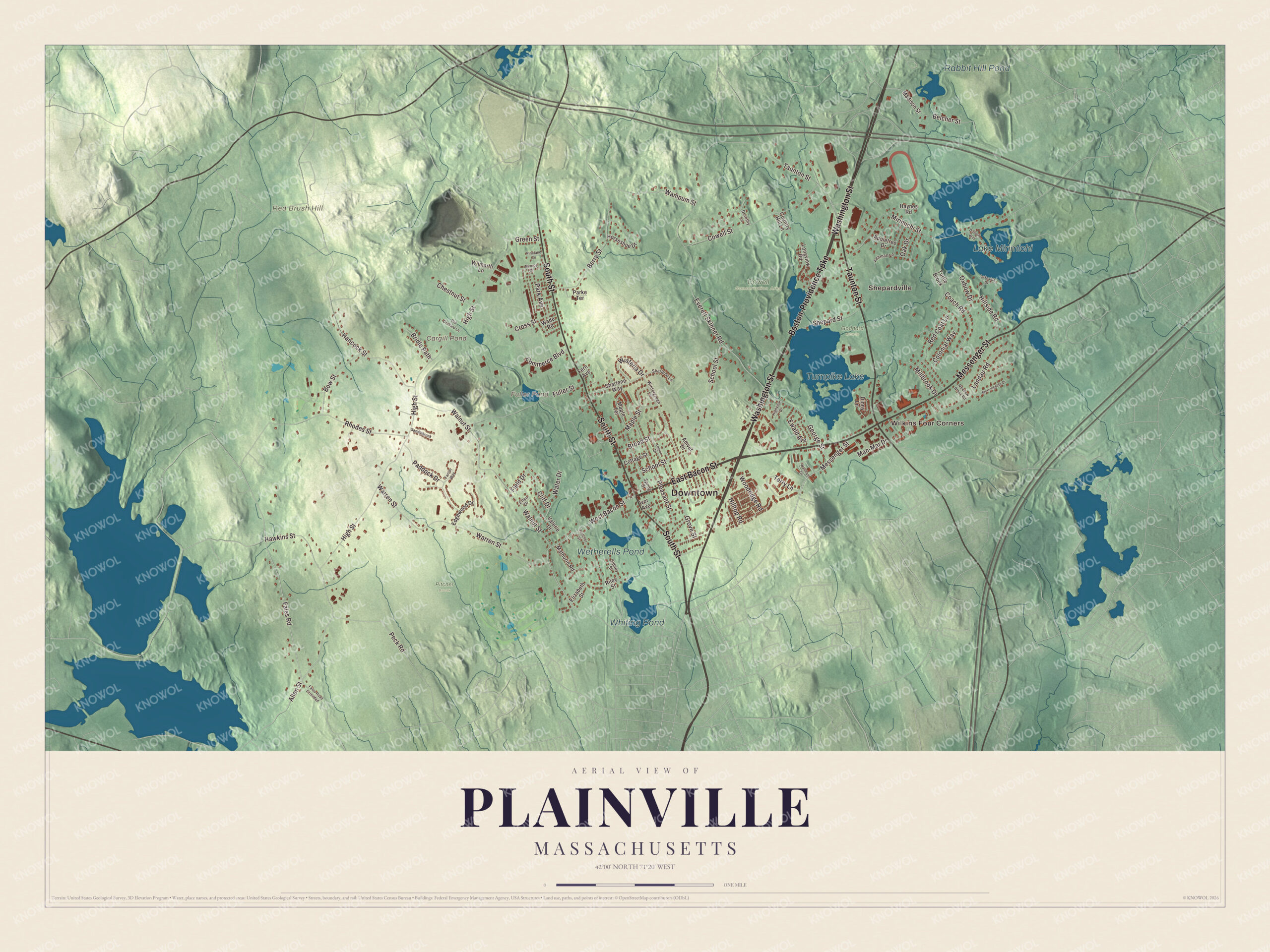 Map of Plainville, Massachusetts, with Lake Mirimichi, Turnpike Lake and Washington Street