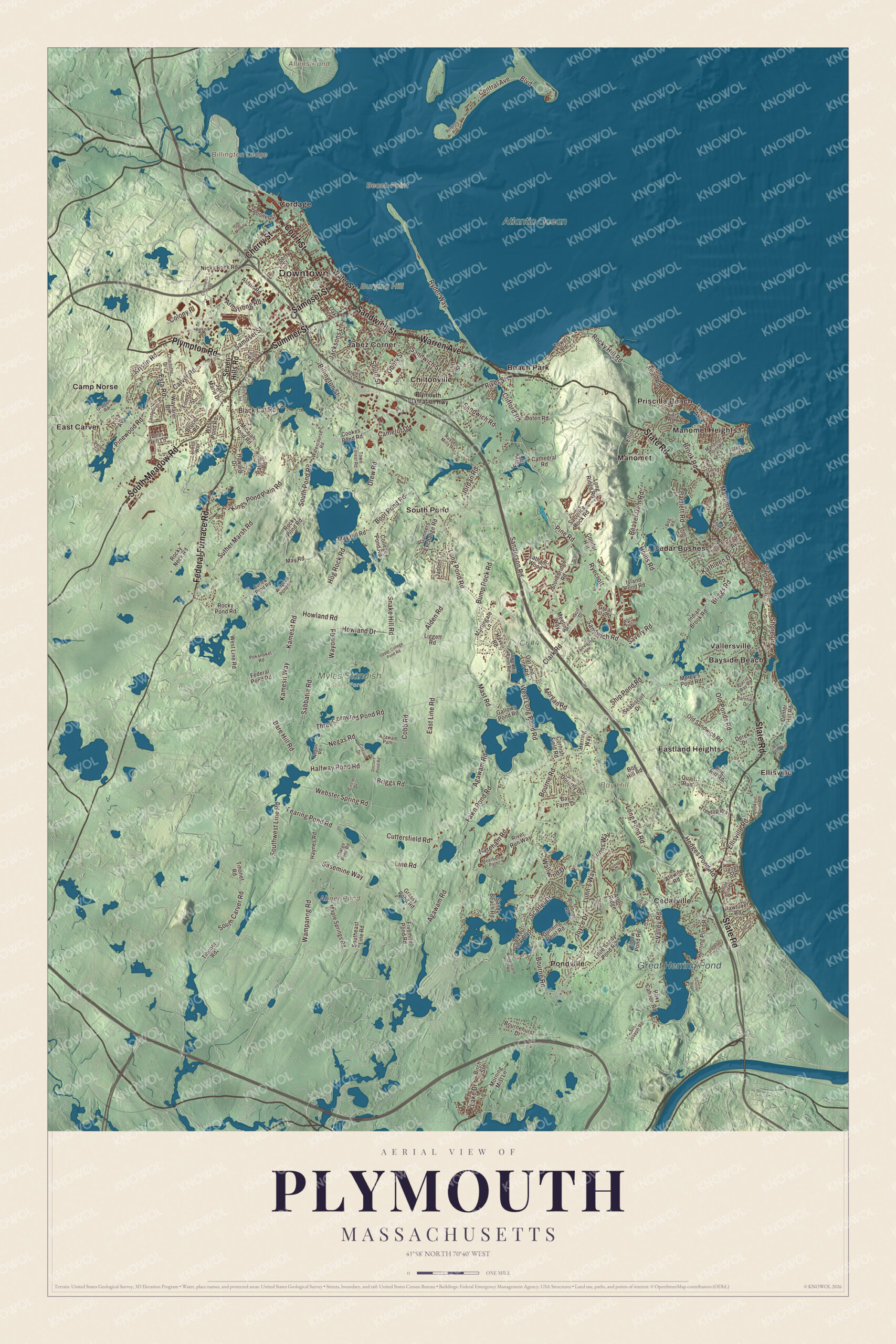 Map of Plymouth, Massachusetts, with Court Street, Great Herring Pond and Beach Point