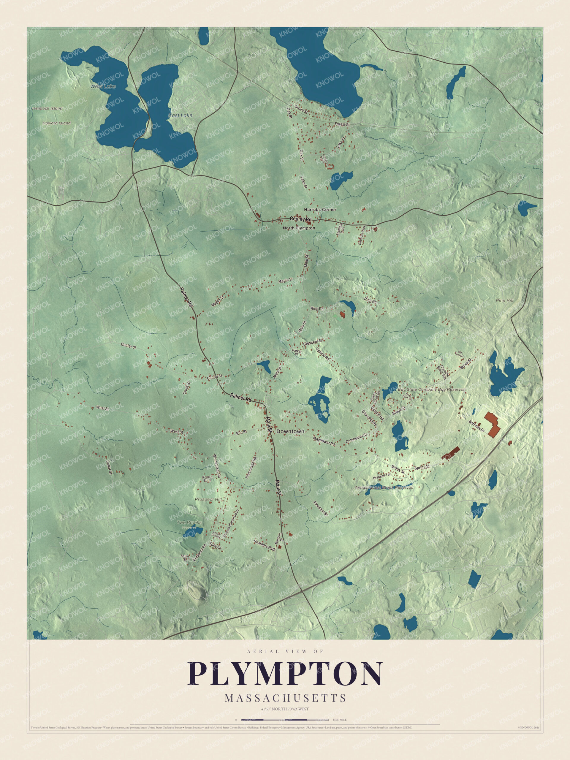 Map of Plympton, Massachusetts, with West Lake, East Lake and Main Street