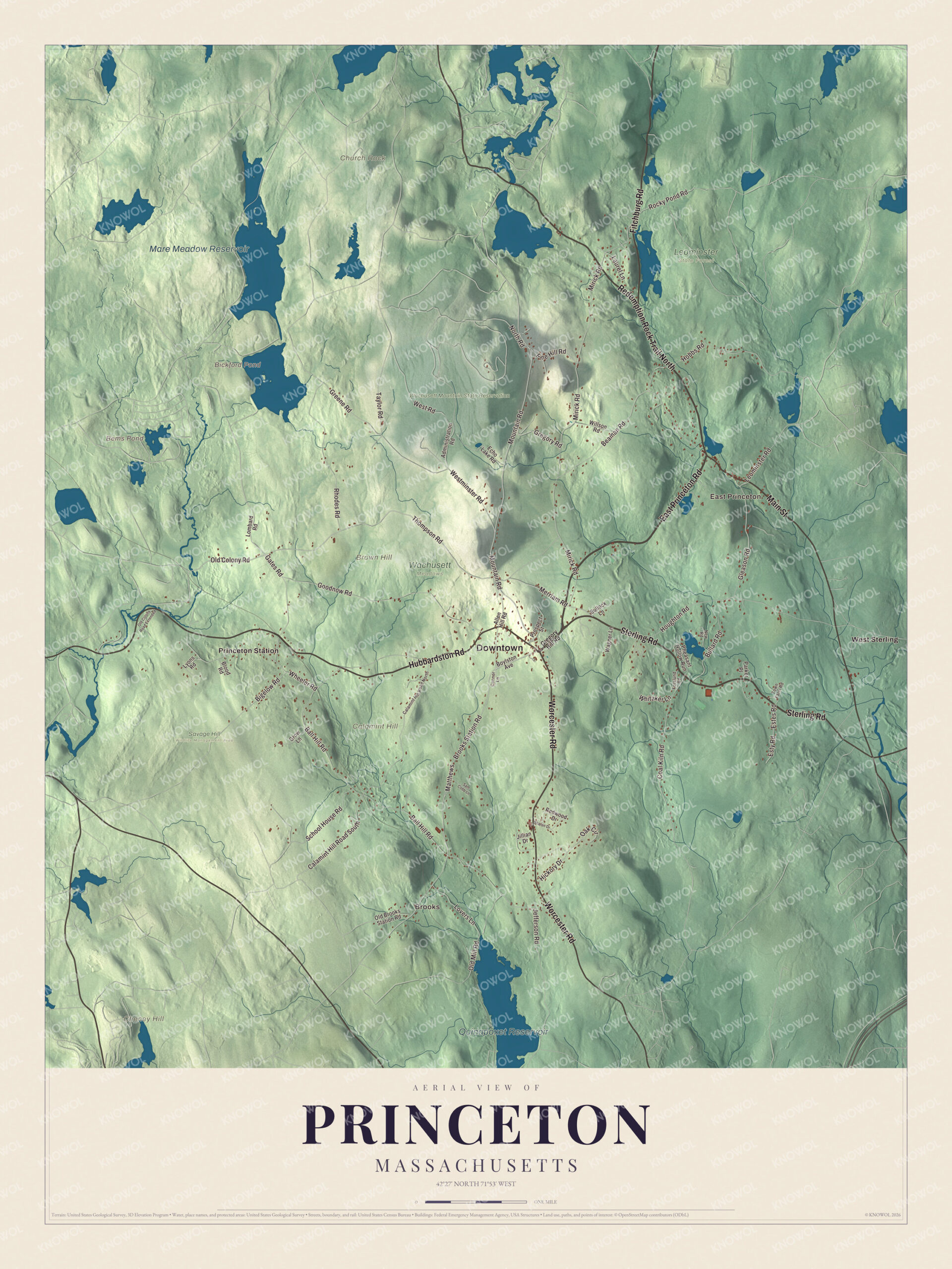Map of Princeton, Massachusetts, with the Wachusett Mountain State Reservation, Main Street and Brown Hill