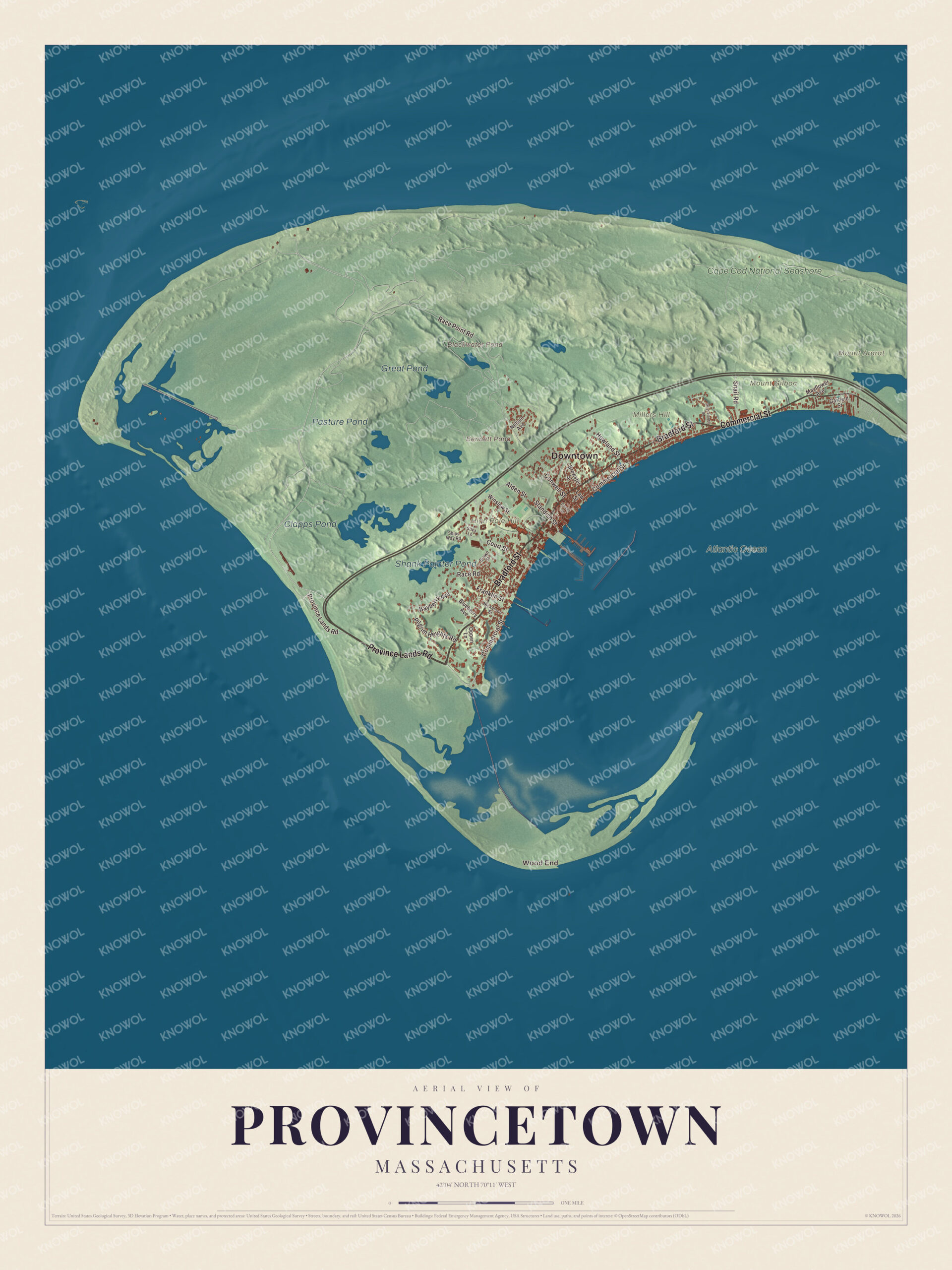 Map of Provincetown, Massachusetts, with Commercial Street, Bradford Street and Wood End