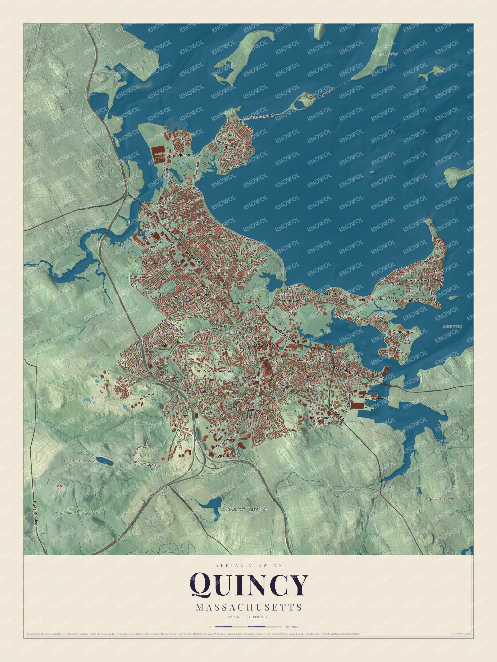 Map of Quincy, Massachusetts, with Hancock Street, Houghs Neck and the Blue Hills Reservation