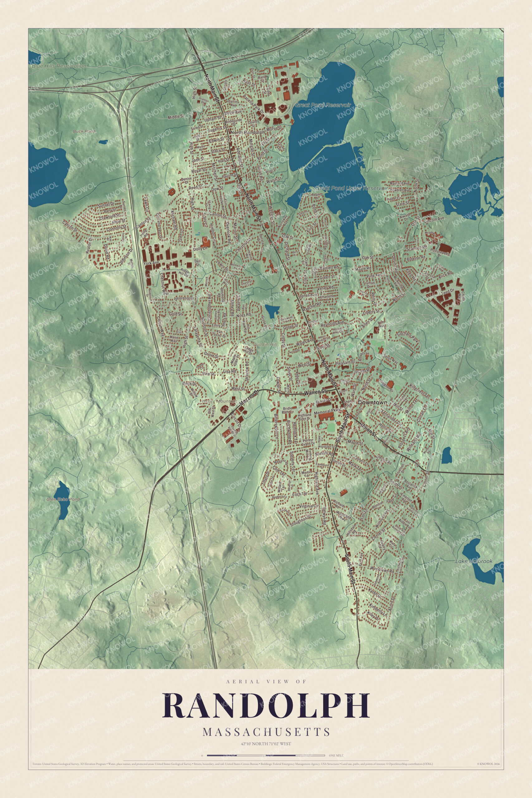 Map of Randolph, Massachusetts, with South Main Street, North Main Street and Great Pond Reservoir