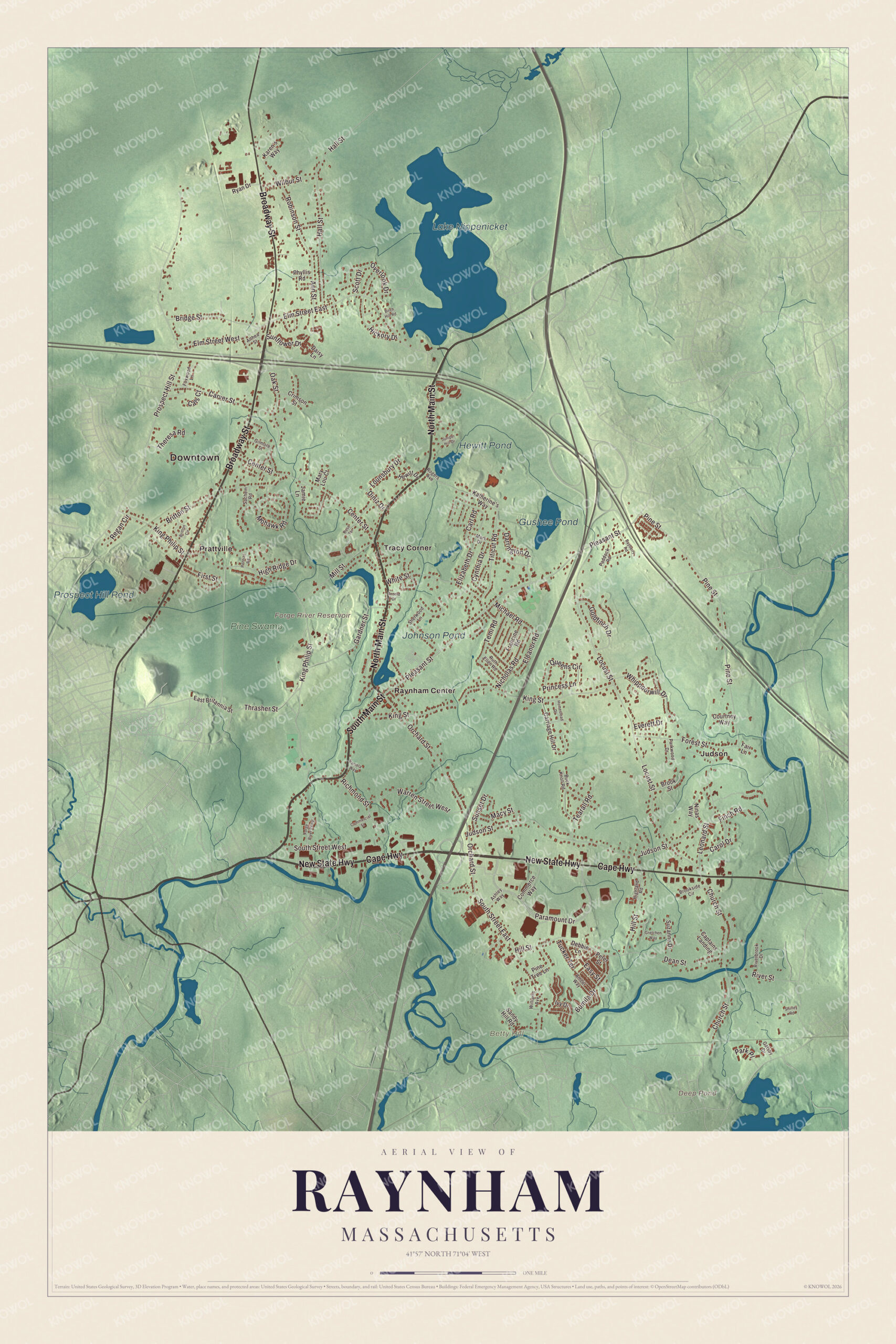 Watermarked full-map preview of Raynham, Massachusetts