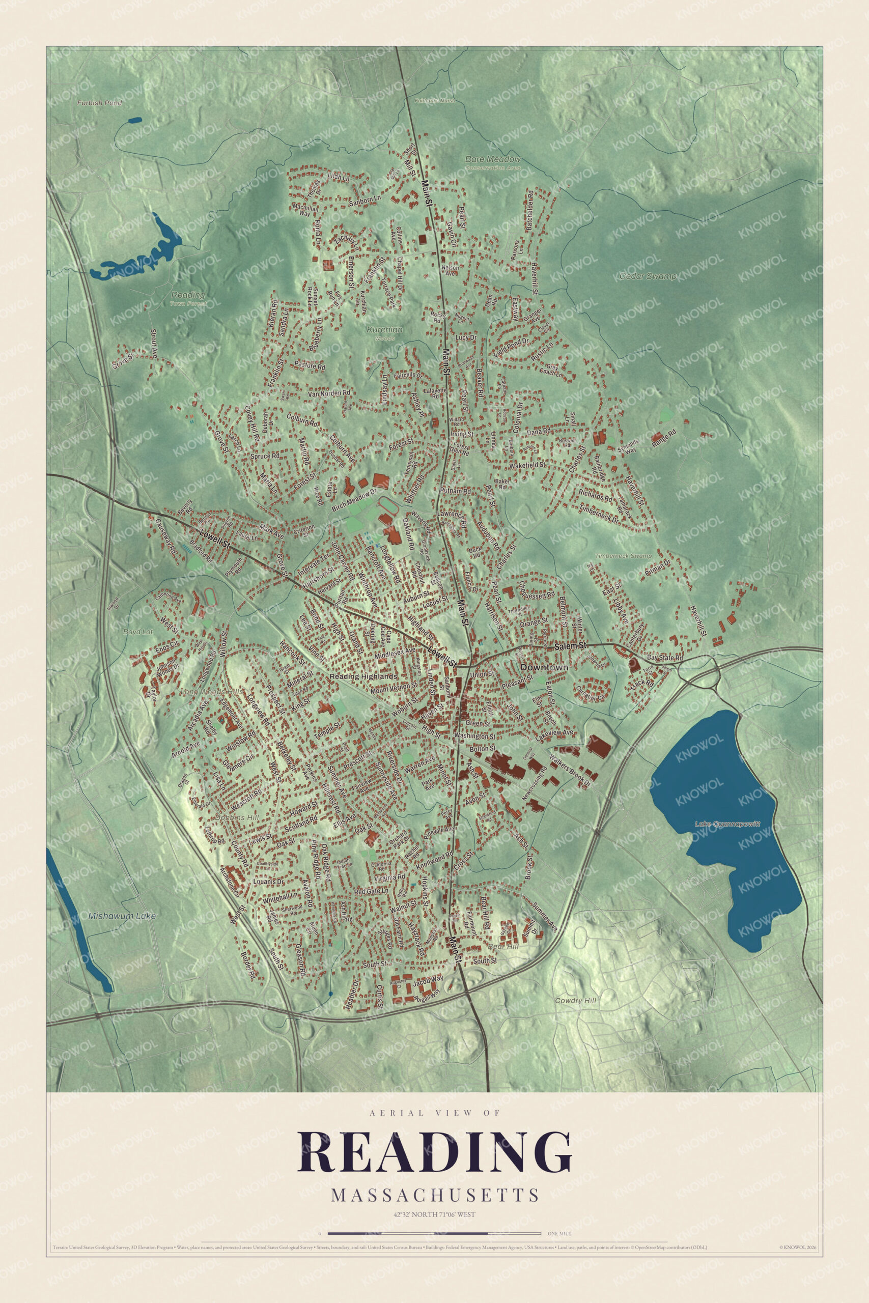 Map of Reading, Massachusetts, with Main Street, Lowell Street and Bear Hill
