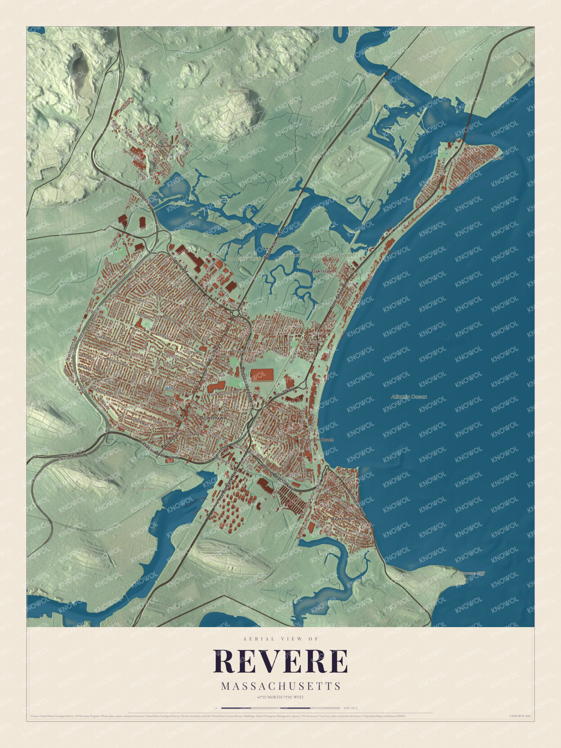 Map of Revere, Massachusetts, with Revere Beach Parkway, Point of Pines and the Rumney Marsh Reservation