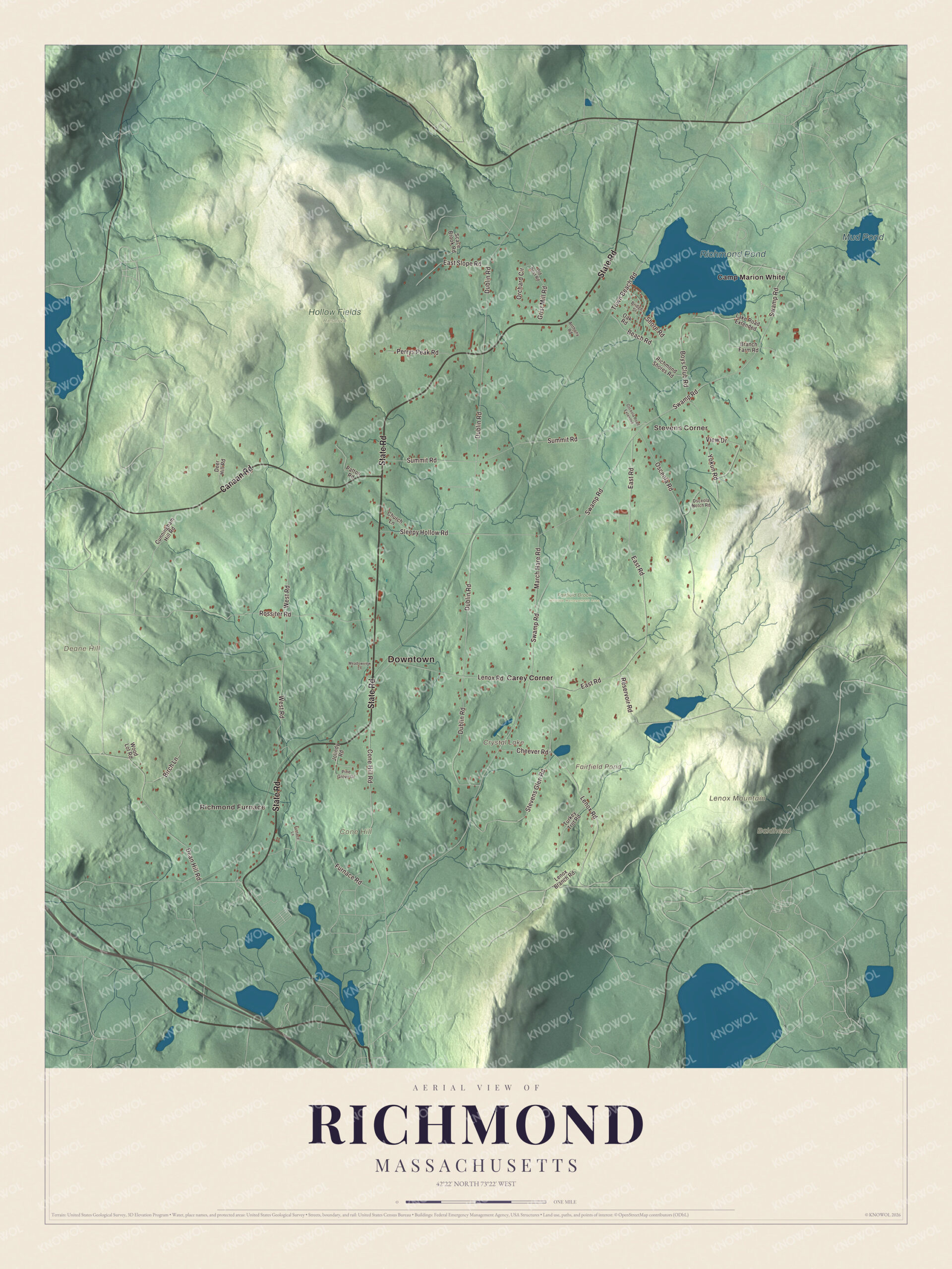 Map of Richmond, Massachusetts, with State Road, Richmond Pond and Lenox Mountain