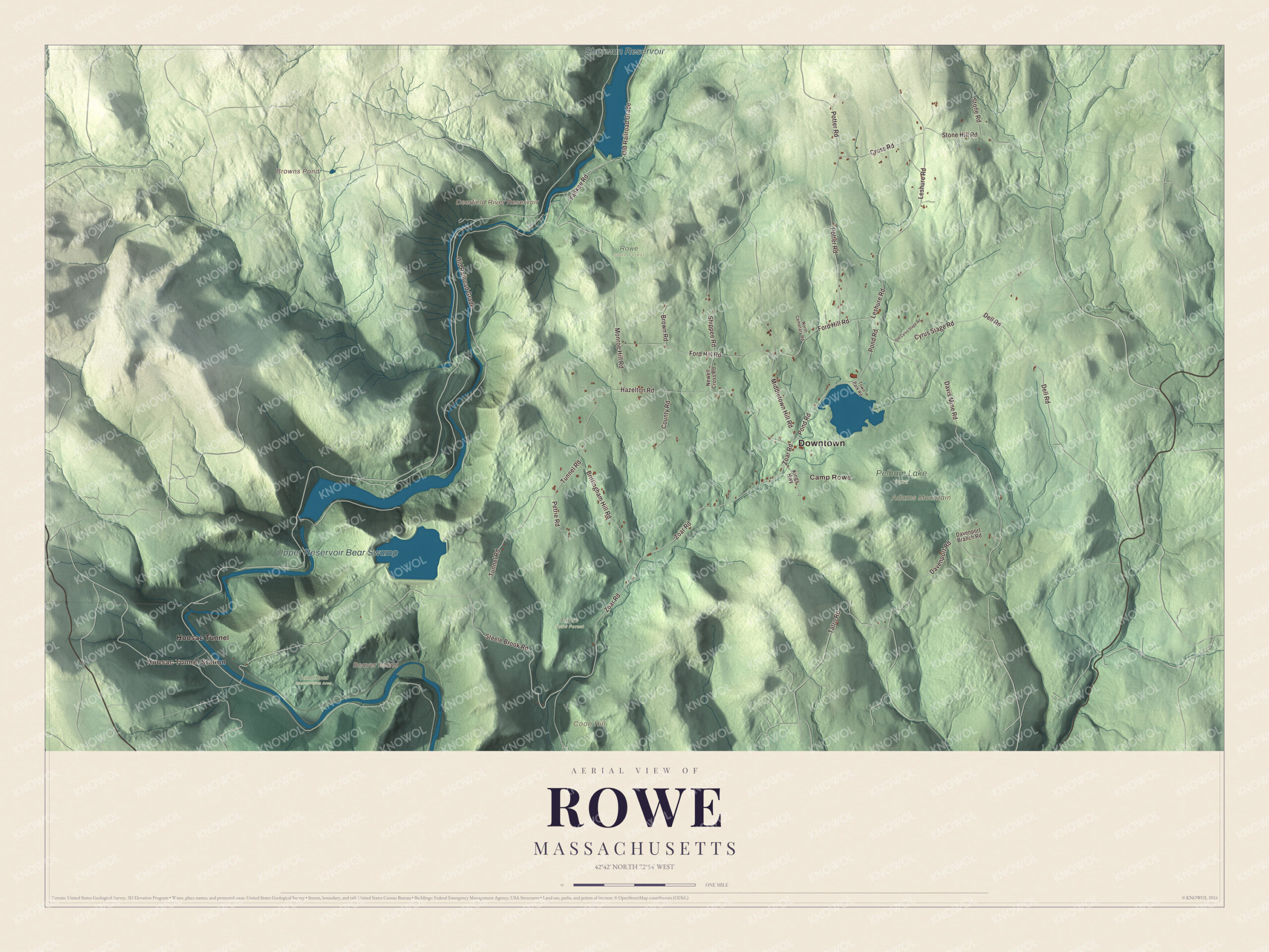 Map of Rowe, Massachusetts, with Zoar Road, the Sherman Reservoir and the Deerfield River