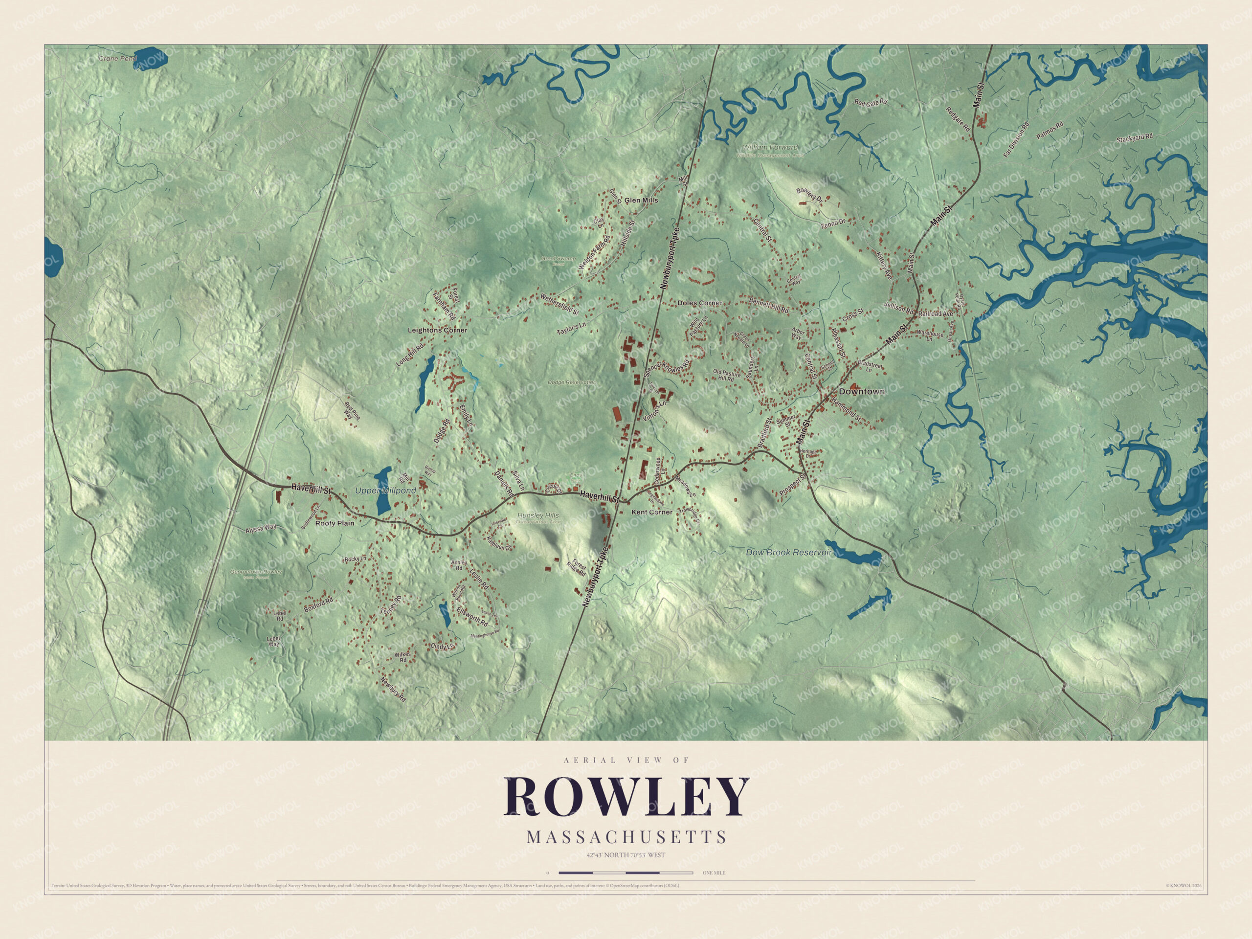 Map of Rowley, Massachusetts, with Main Street, the Newburyport Turnpike and Crane Pond