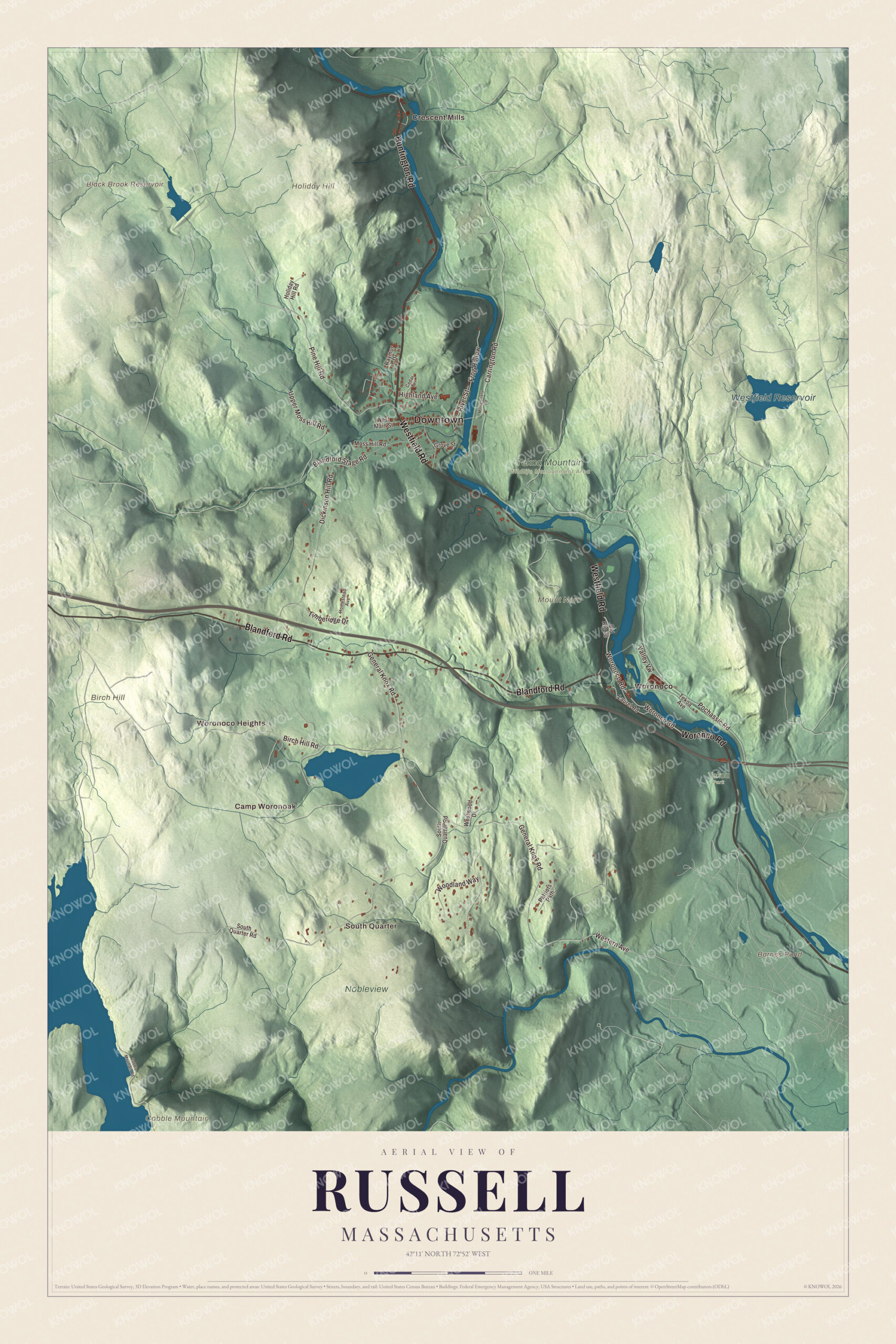 Map of Russell, Massachusetts, with Huntington Road, Crescent Mills and Cobble Mountain