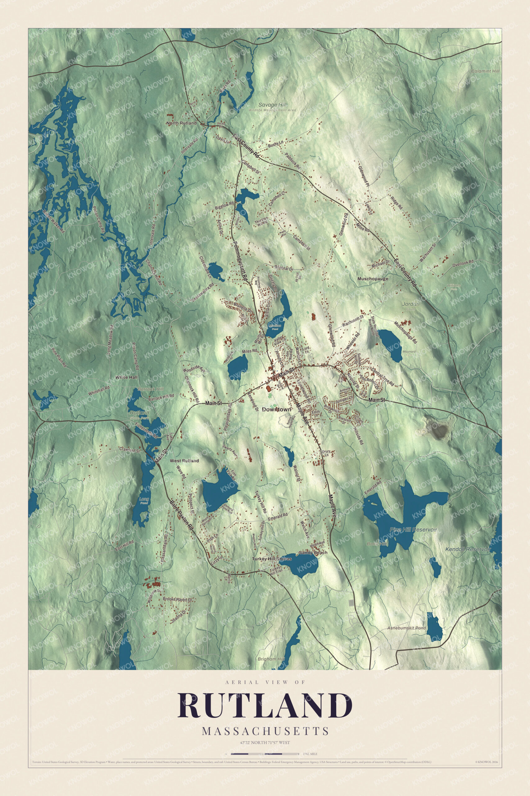 Map of Rutland, Massachusetts, with Main Street, North Rutland and Asnebumskit Pond