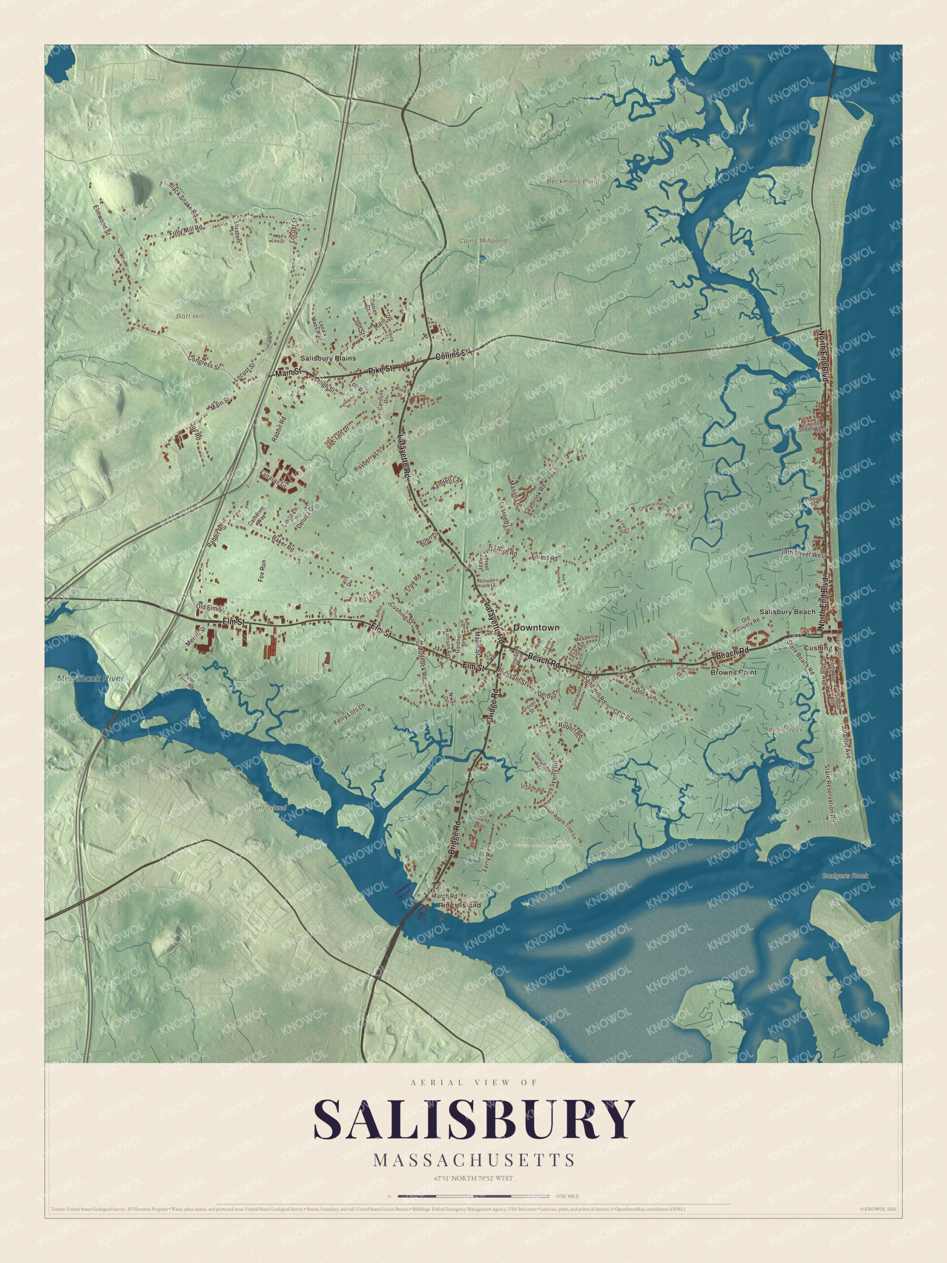 Map of Salisbury, Massachusetts, with Beach Road, Salisbury Beach and the Merrimack River