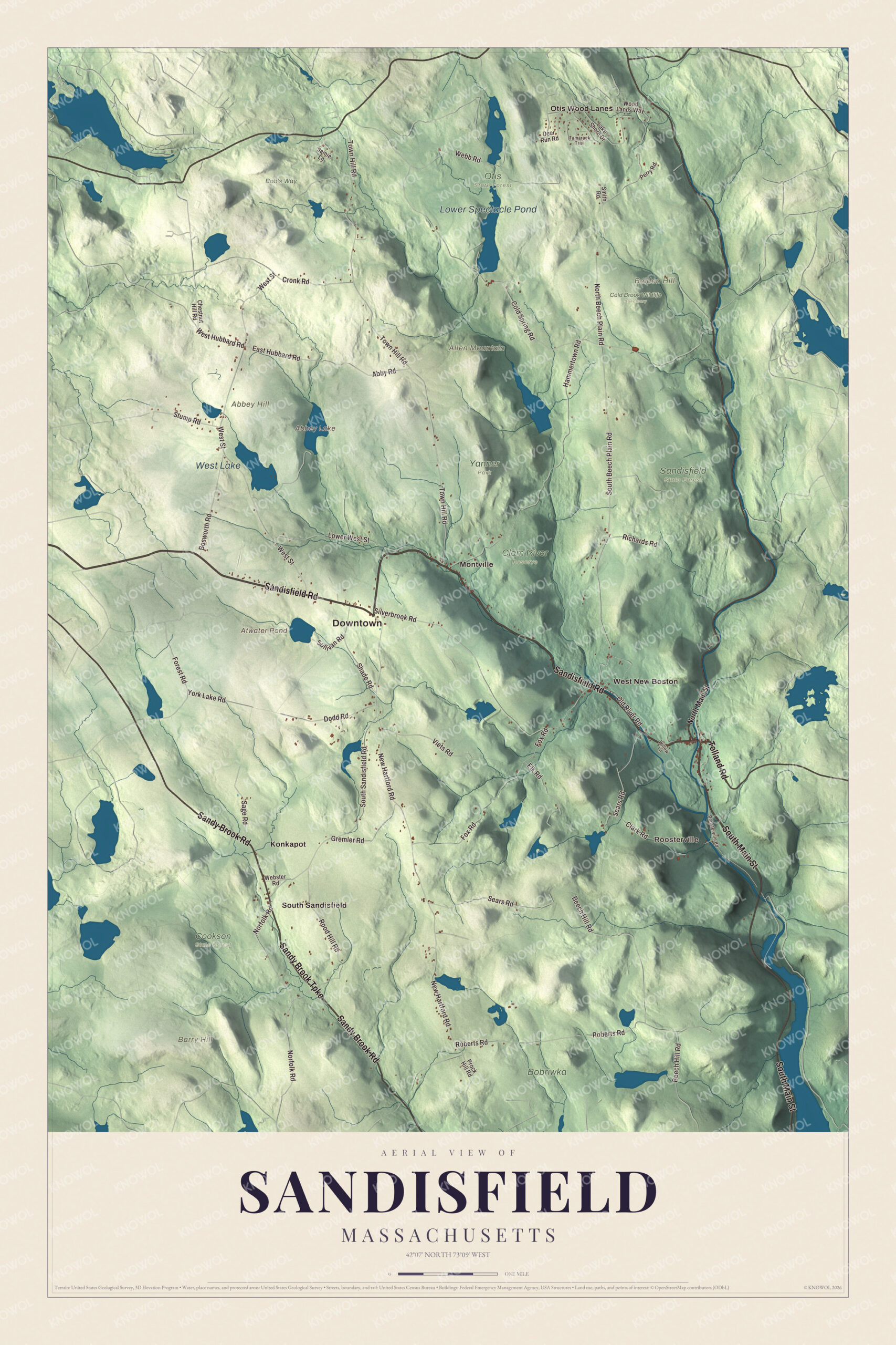 Map of Sandisfield, Massachusetts, with Sandisfield Road, Roosterville and West Lake