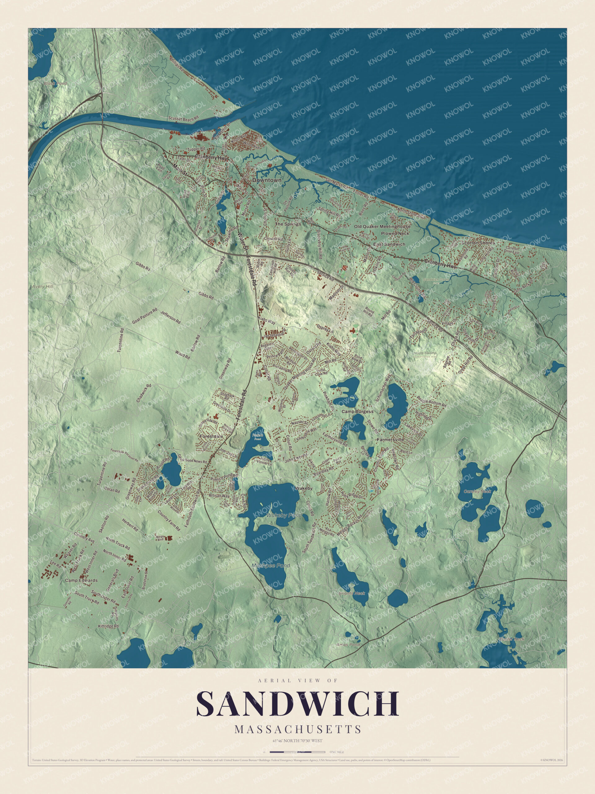 Map of Sandwich, Massachusetts, with Main Street, East Sandwich and Wakeby Pond