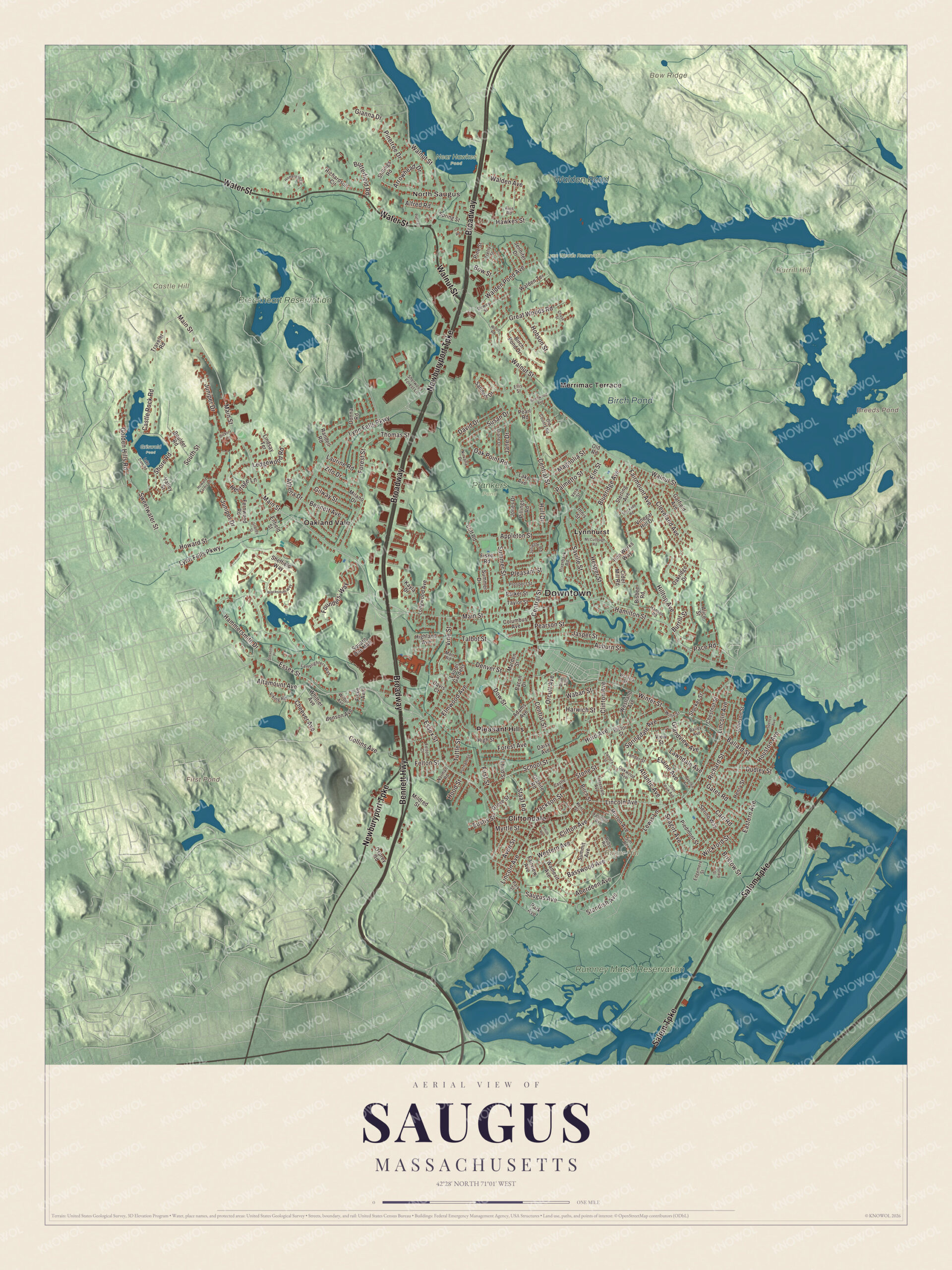 Map of Saugus, Massachusetts, with the Newburyport Turnpike, Breakheart Reservation and Rumney Marsh Reservation