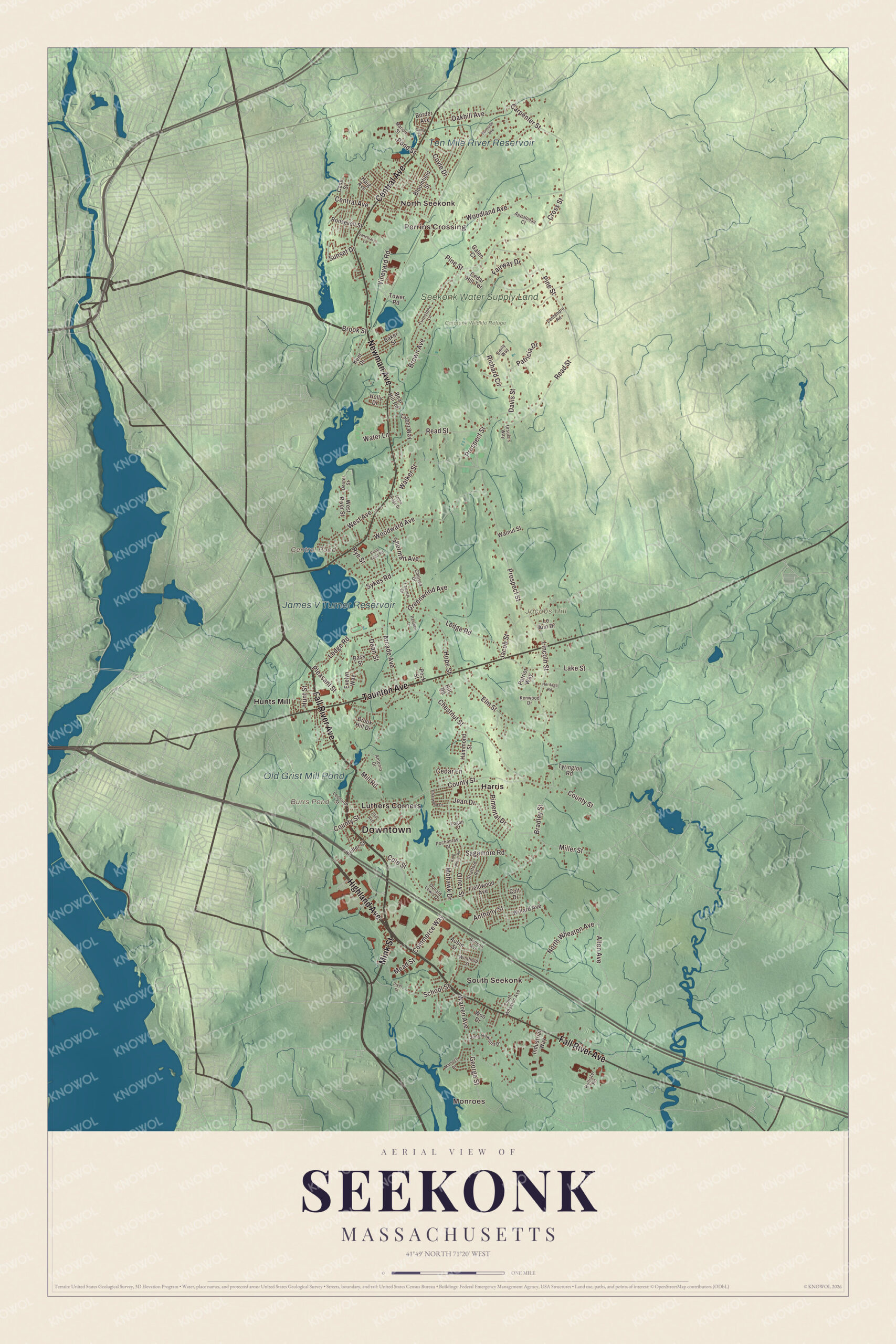 Map of Seekonk, Massachusetts, with Taunton Avenue, Central Pond and Caratunk Wildlife Refuge