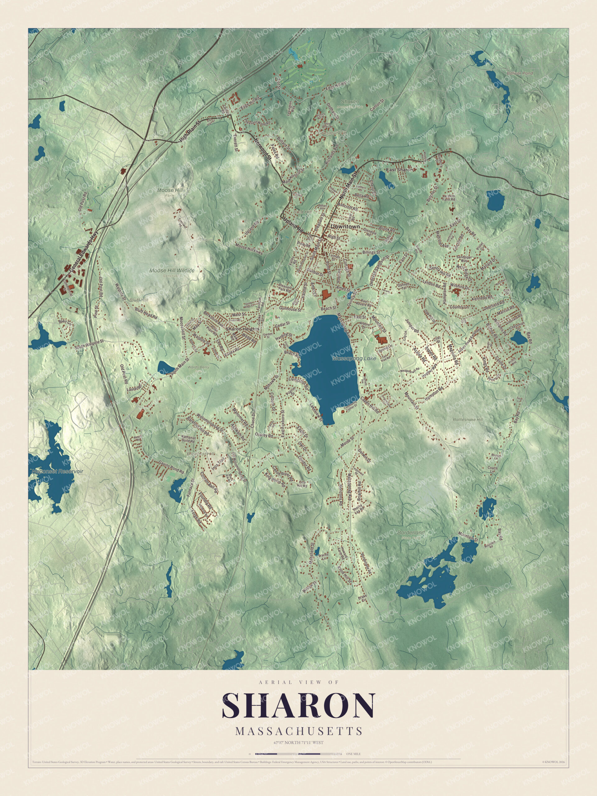 Map of Sharon, Massachusetts, with North Main Street, East Sharon and Massapoag Lake