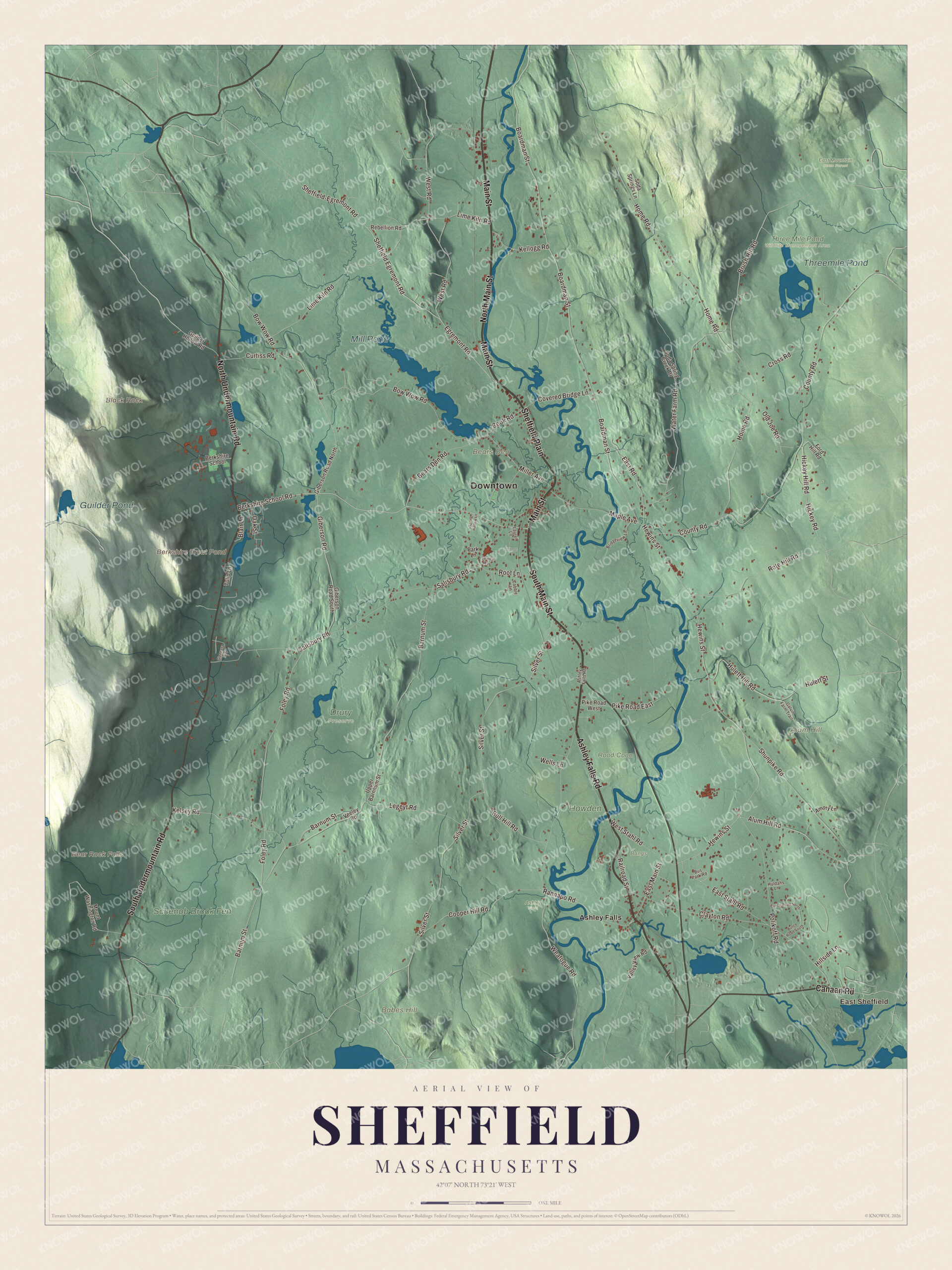 Map of Sheffield, Massachusetts, with Main Street, Ashley Falls and Guilder Pond