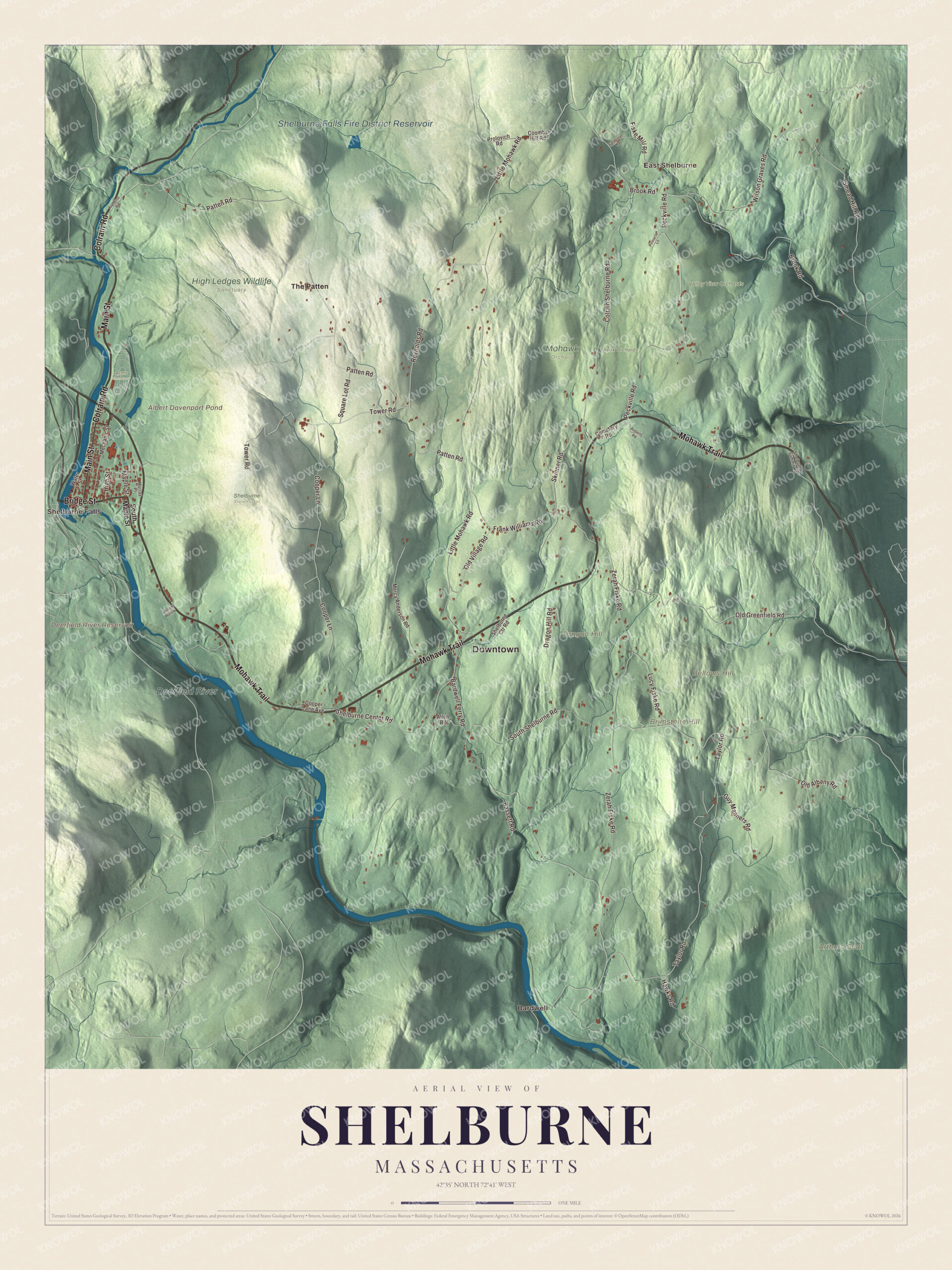 Map of Shelburne, Massachusetts, with the Mohawk Trail, Shelburne Falls and the Deerfield River