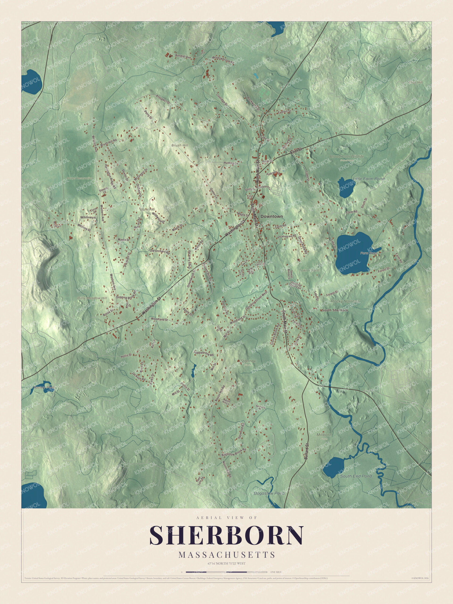 Map of Sherborn, Massachusetts, with North Main Street, Farm Pond and Barber Reservation