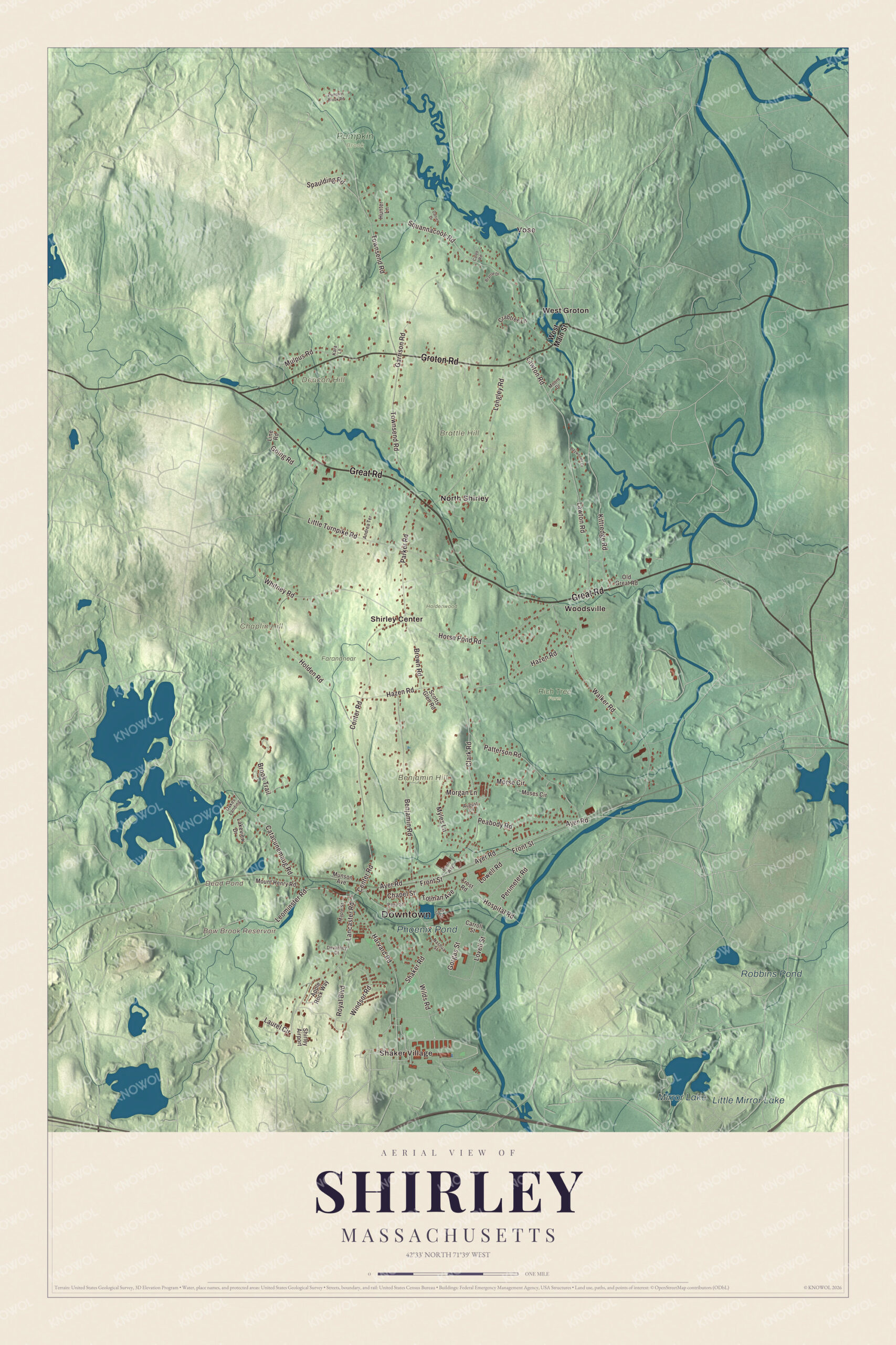 Map of Shirley, Massachusetts, with Great Road, Shaker Village and Shirley Center