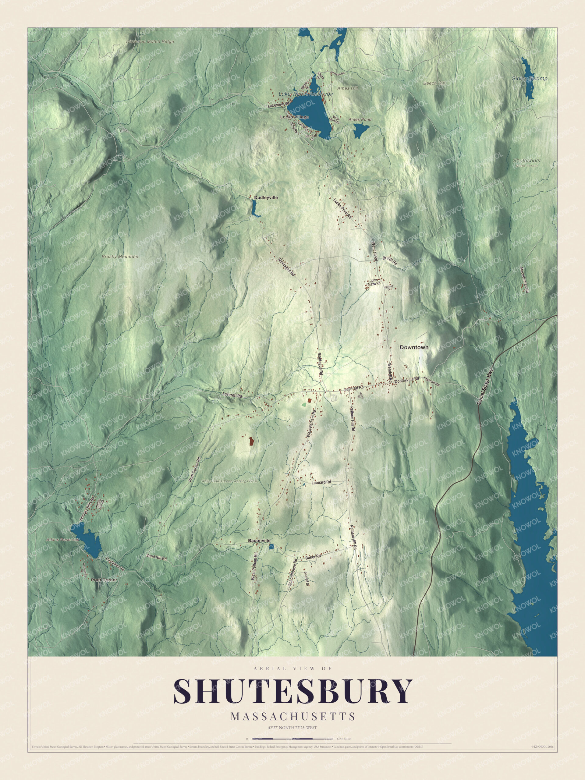 Map of Shutesbury, Massachusetts, with Lake Wyola Reservoir, Locks Village and Brushy Mountain