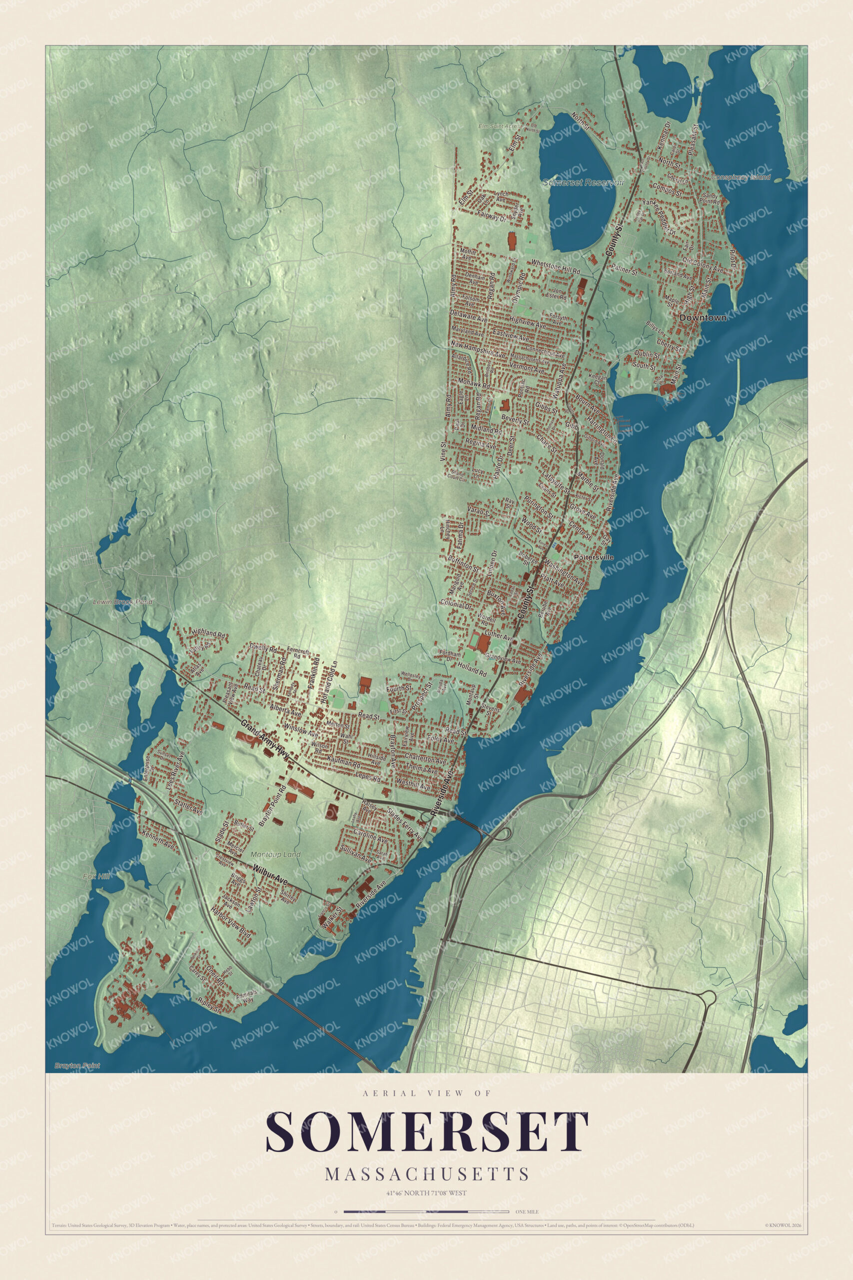 Map of Somerset, Massachusetts, with the Taunton River, County Street and Somerset Reservoir
