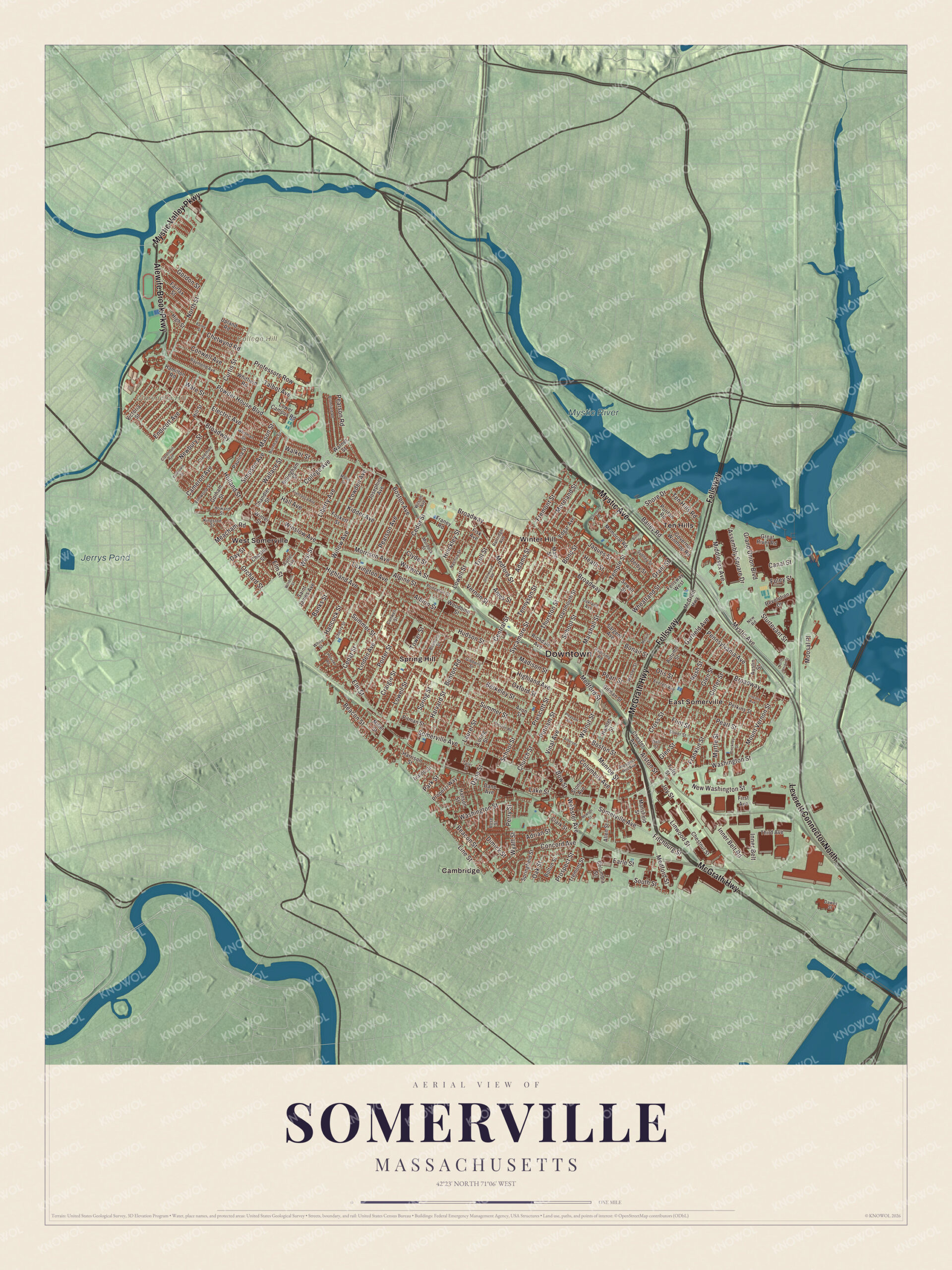 Map of Somerville, Massachusetts, with Winter Hill, Powder House Boulevard and the Mystic River