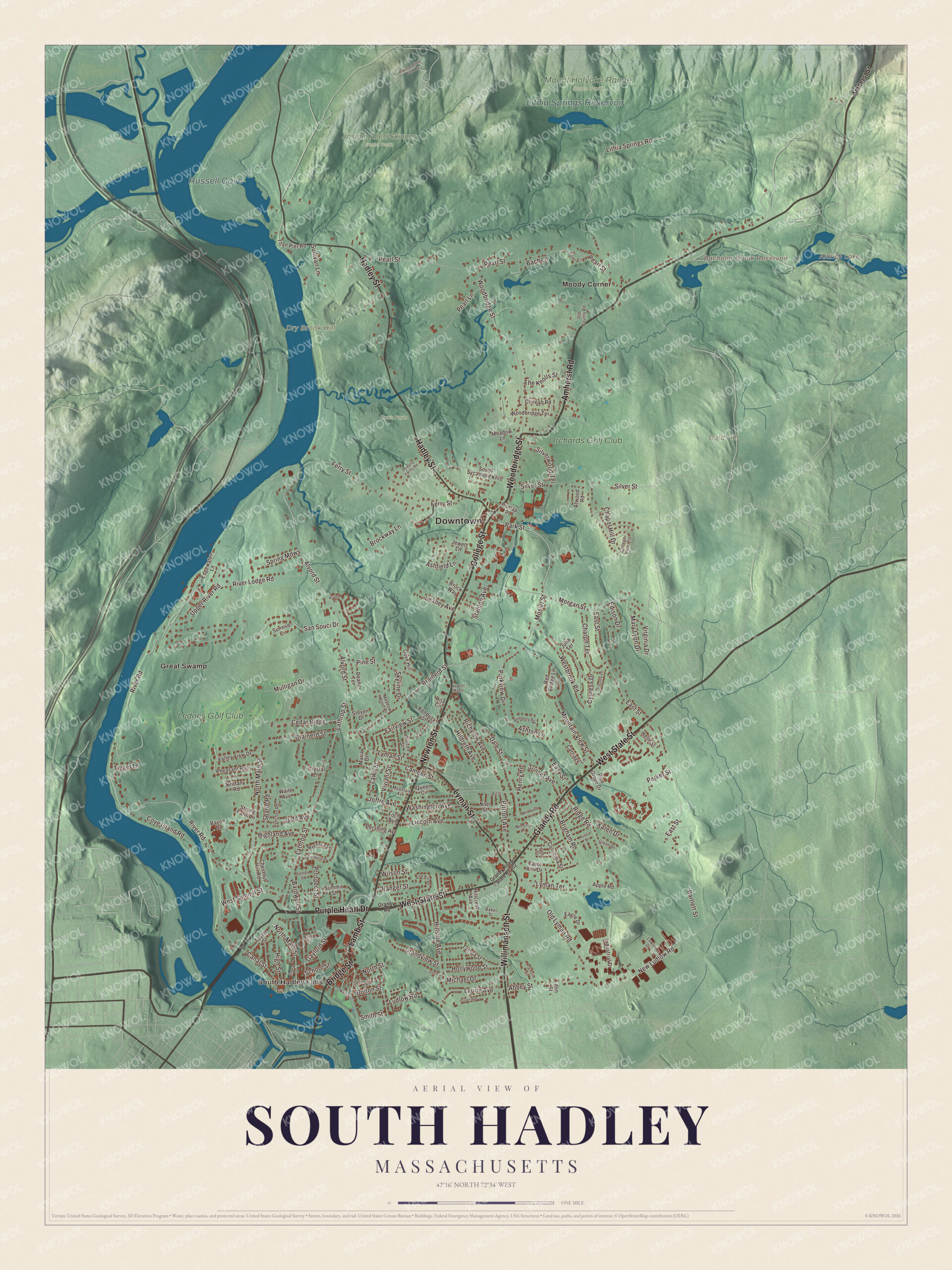 Map of South Hadley, Massachusetts, with College Street, South Hadley Falls and the Connecticut River