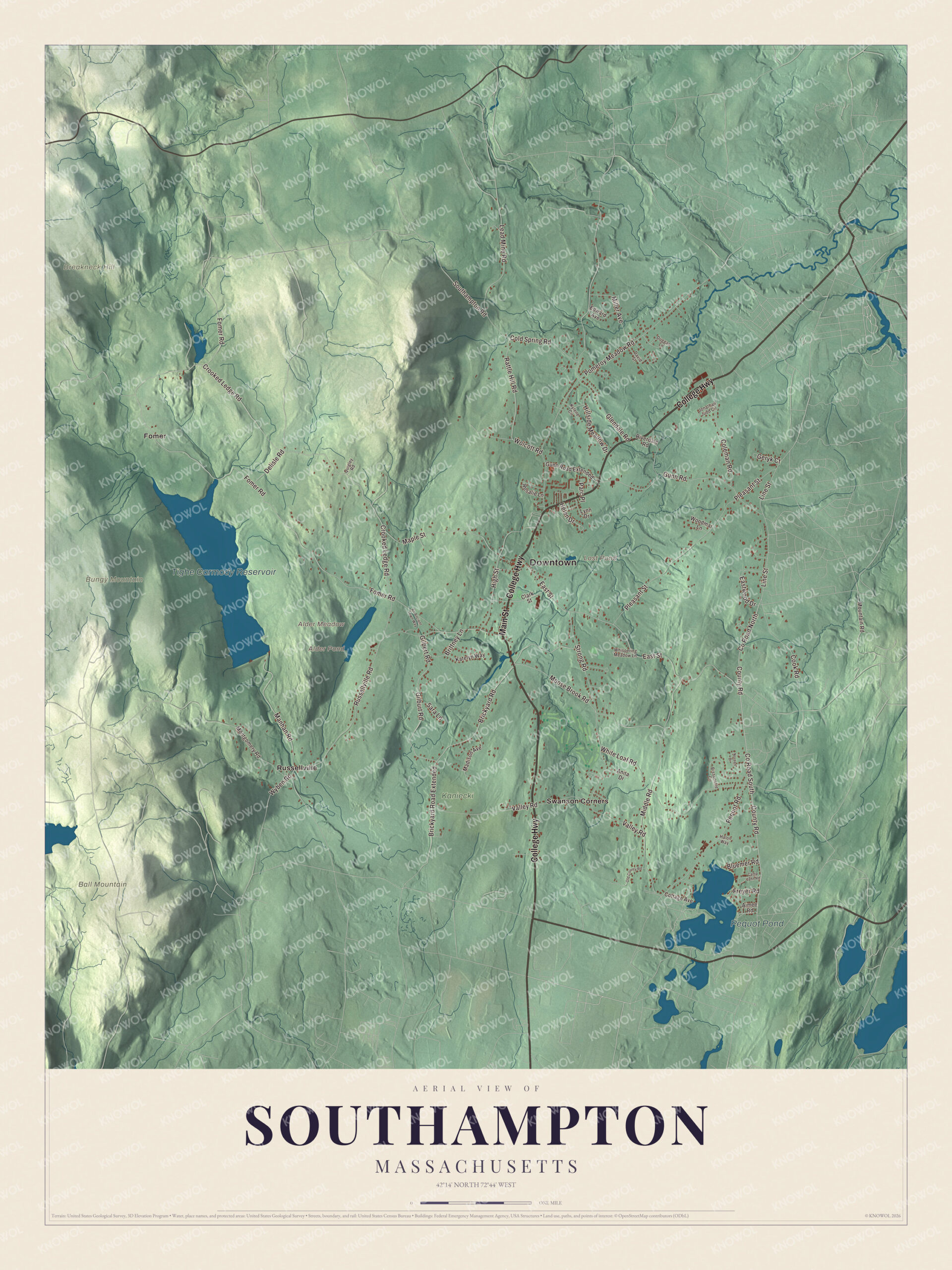 Map of Southampton, Massachusetts, with College Highway, Tighe Carmody Reservoir and Bungy Mountain