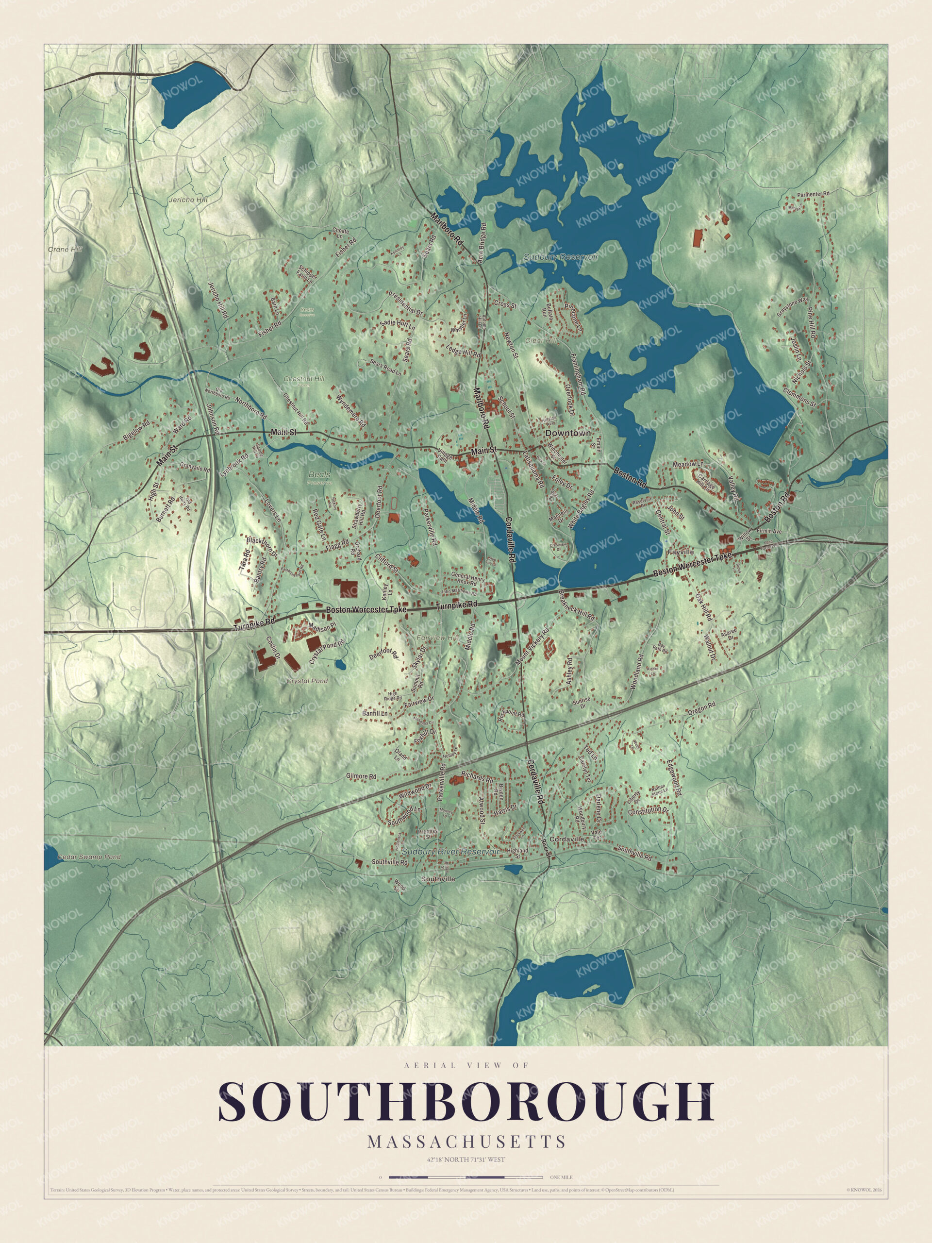 Map of Southborough, Massachusetts, with Main Street, Sudbury Reservoir and Fayville