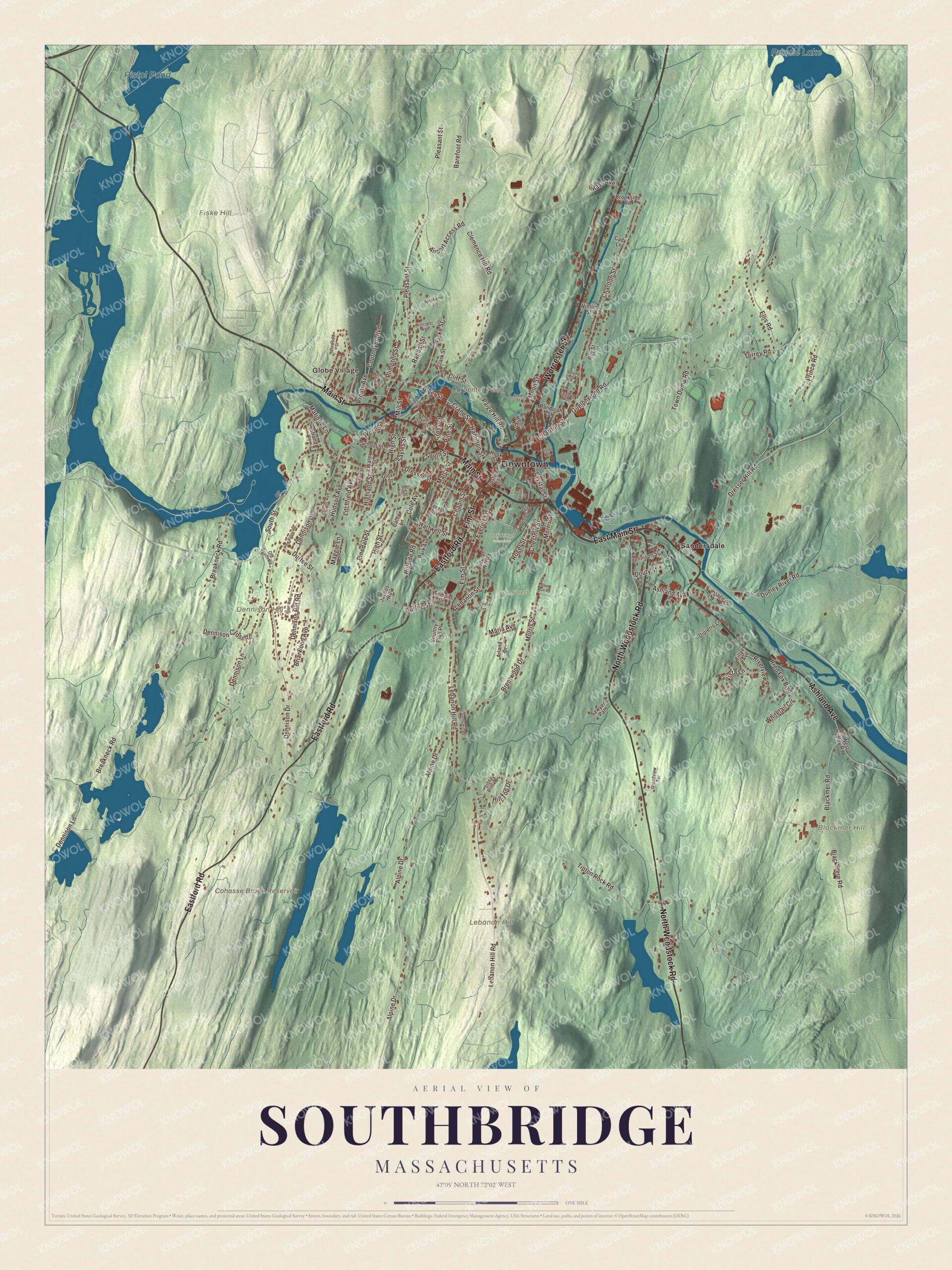 Map of Southbridge, Massachusetts, with Main Street, Globe Village and the Quinebaug River