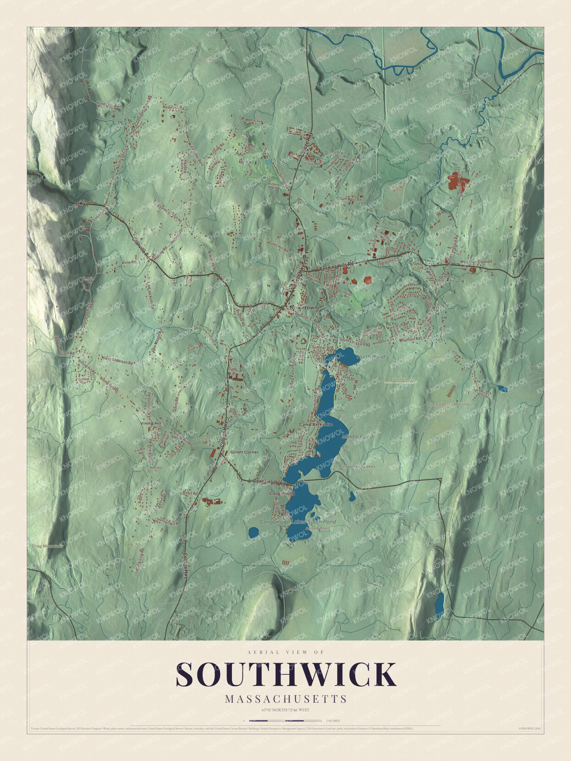 Map of Southwick, Massachusetts, with College Highway, Congamond Road and the Congamond Lakes