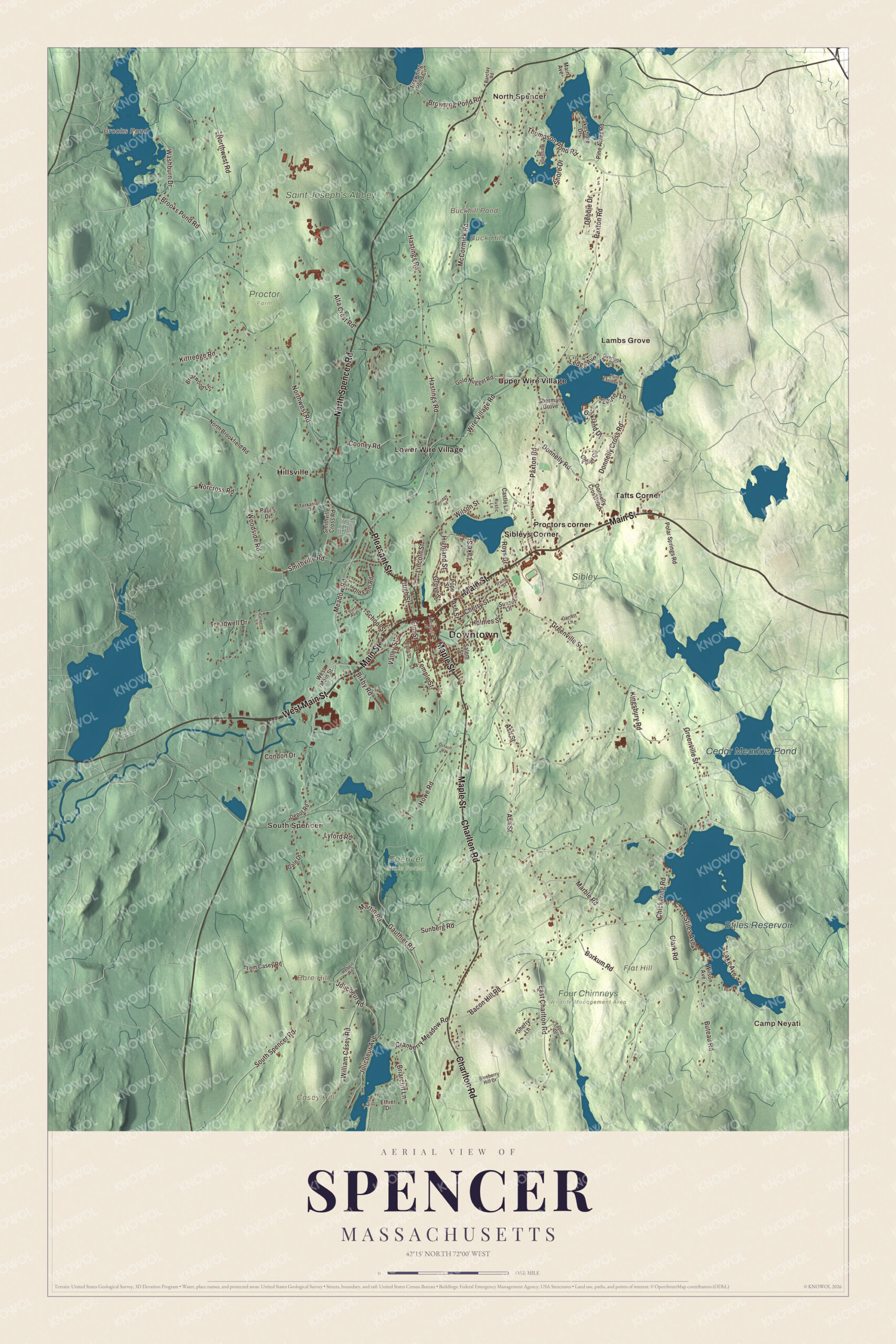 Map of Spencer, Massachusetts, with Main Street, Pleasant Street and Brooks Pond